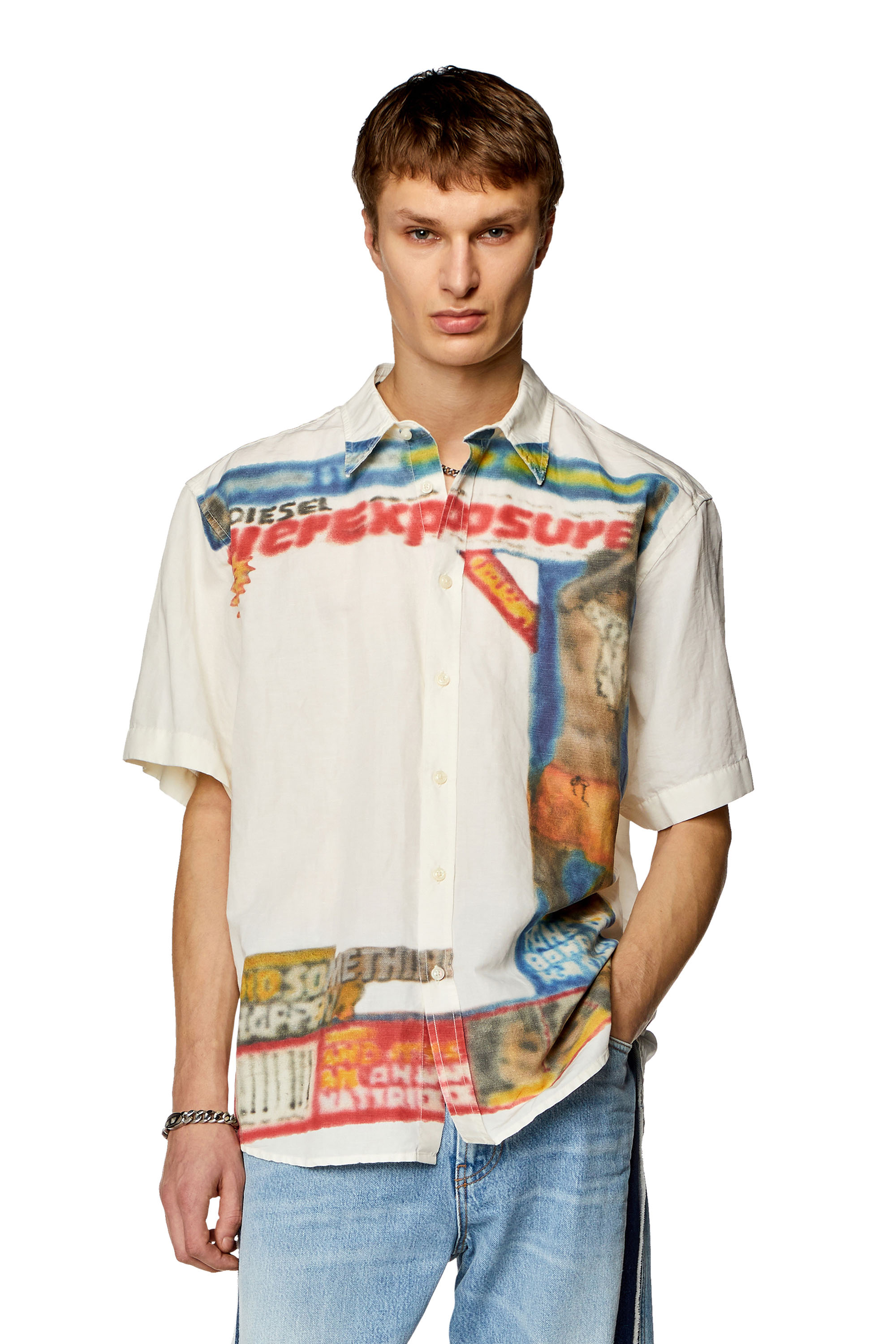 Diesel - Kurzarm-Shirt aus Leinenmischgewebe mit Print - Hemden - Herren - Weiss