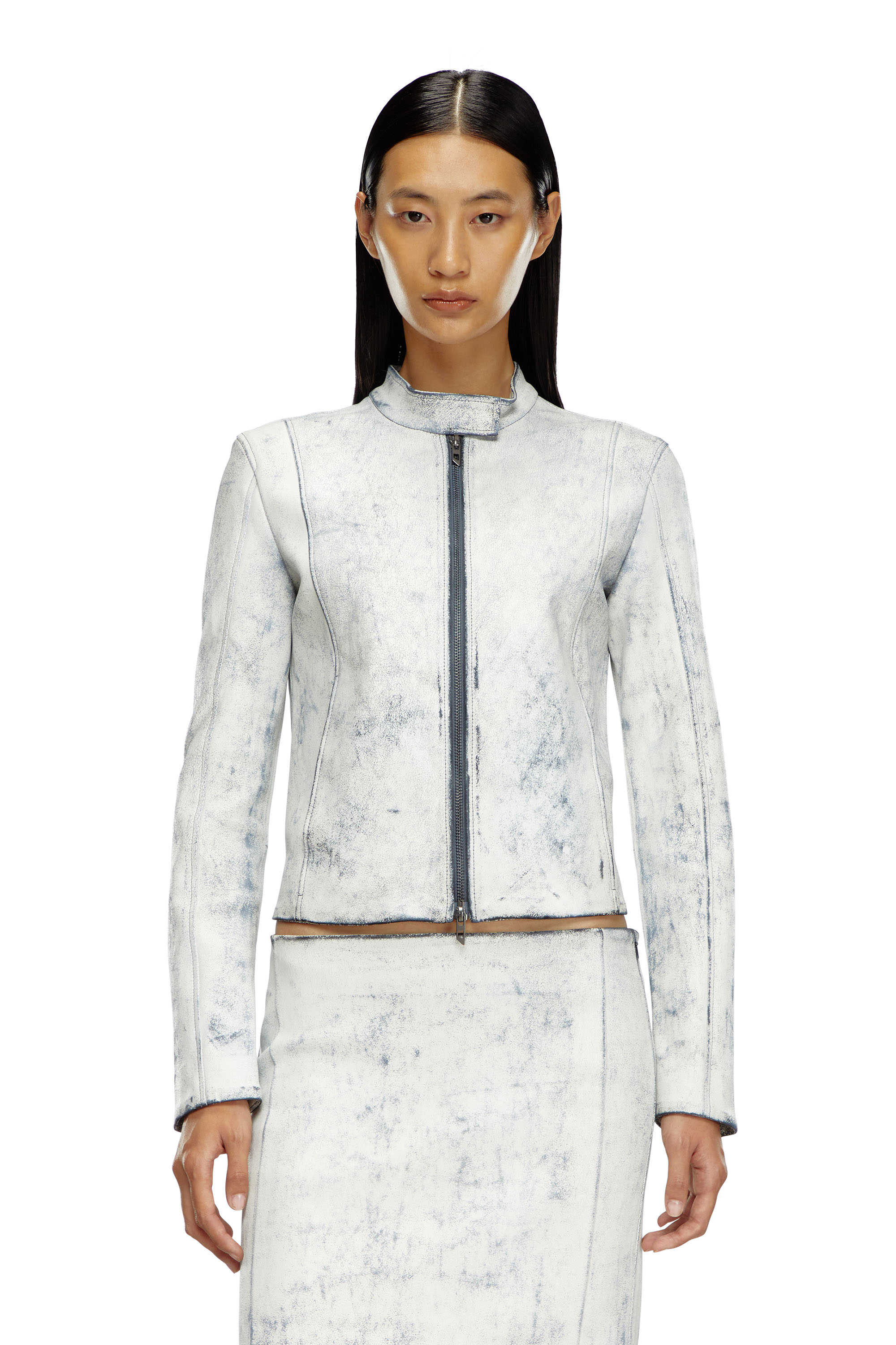 Shop Diesel Leather Jacket With Plaster Effect In White