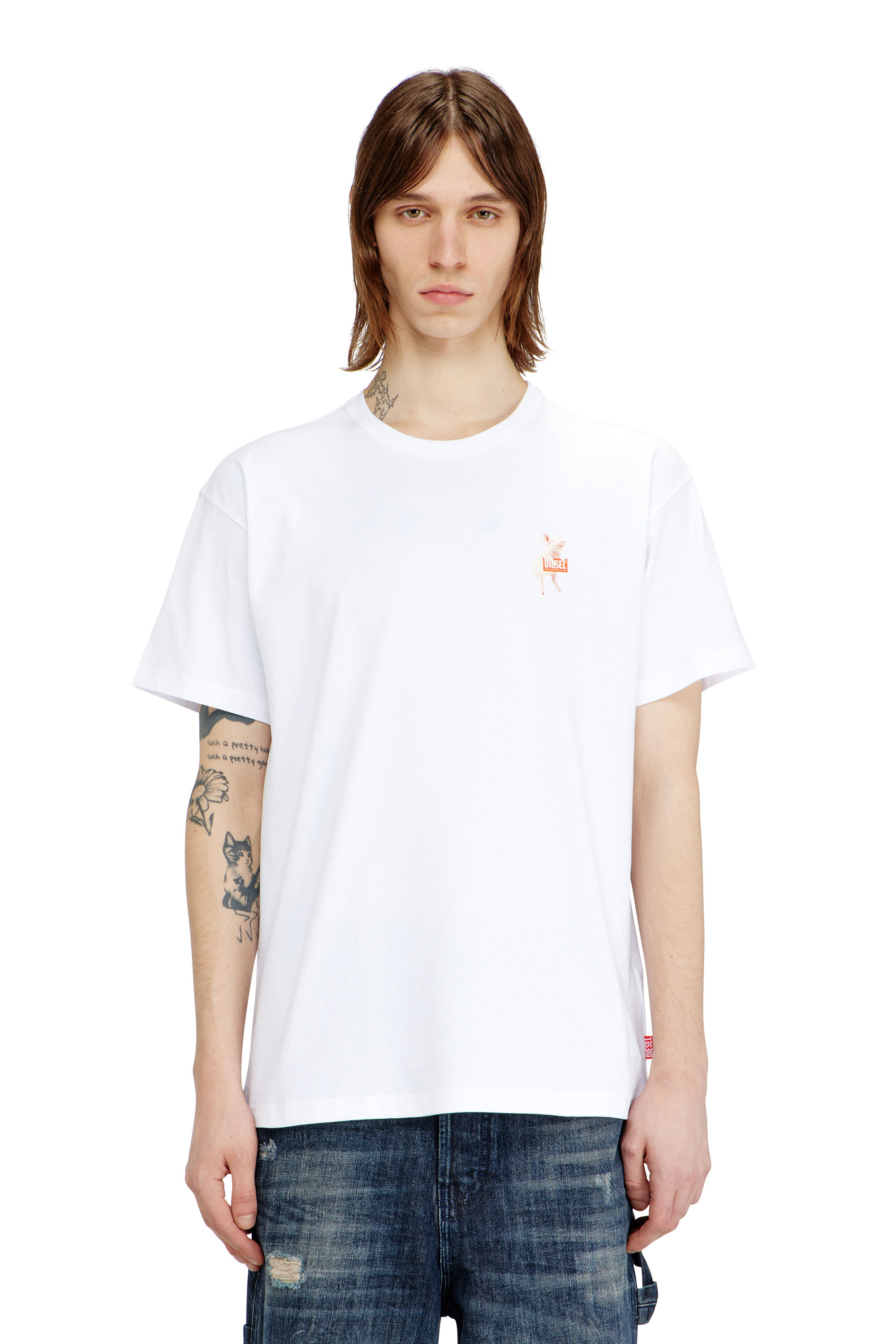 Diesel Homem Branco - T-Shirt With Pig And Logo Print - T-Shirts - Man Pequeno