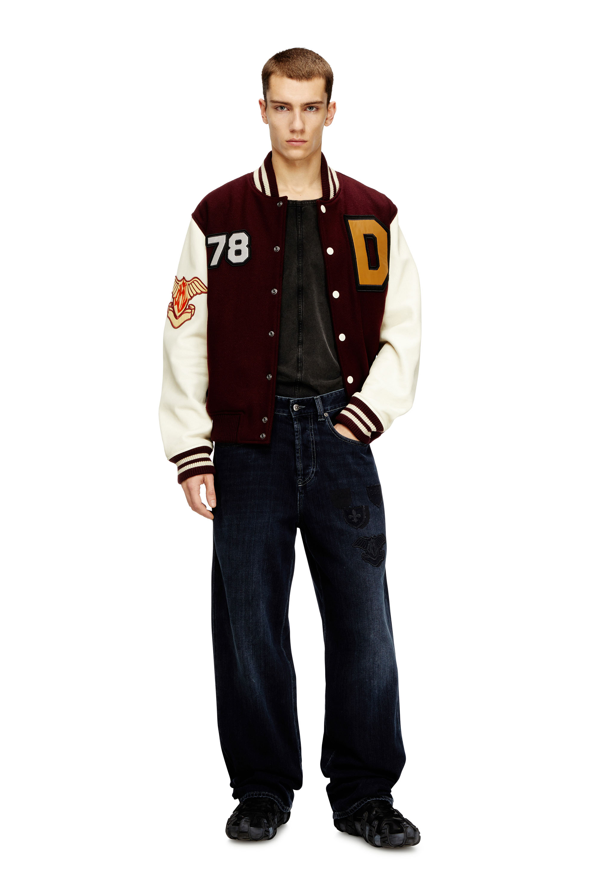 Diesel - L-ARRY-CP, Man's Varsity jacket in wool and leather in Red/White - 2