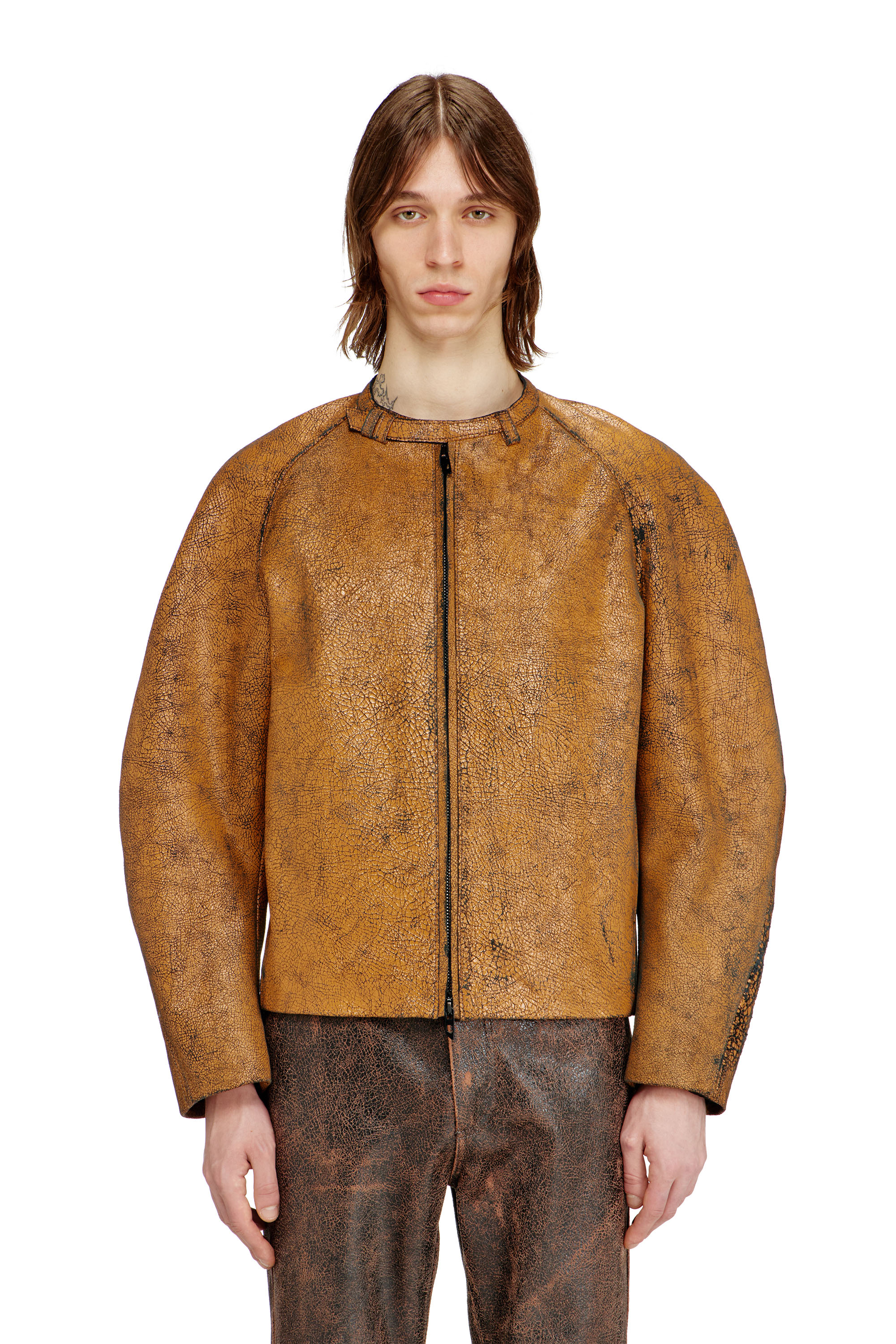 Diesel Men's Brown - Cocoon-Sleeve Biker Jacket In Cracked Leather - Leather Jackets - Man Size 48