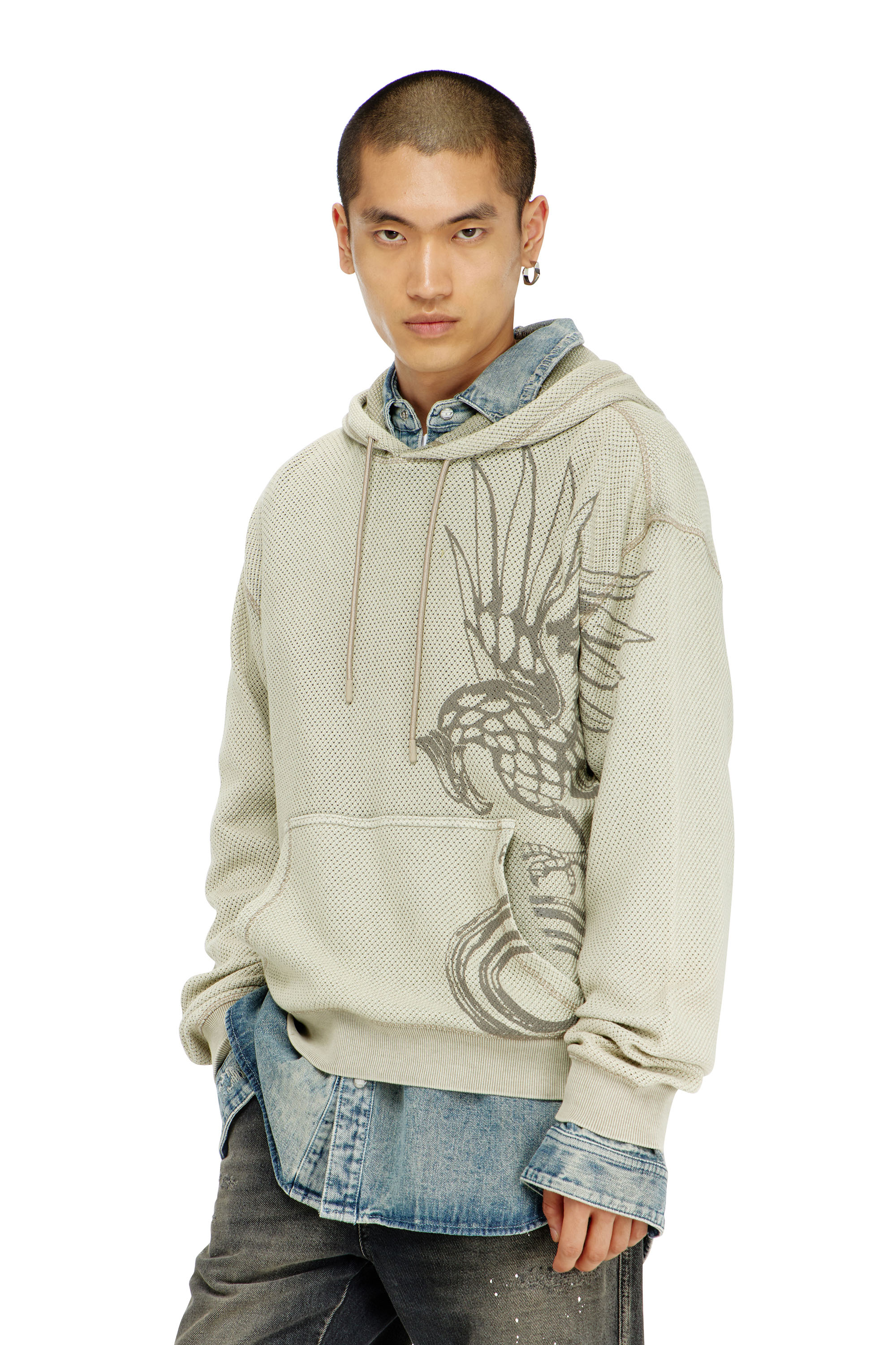 Diesel - Hoodie in textured cotton mesh - Sweaters - Man - Beige