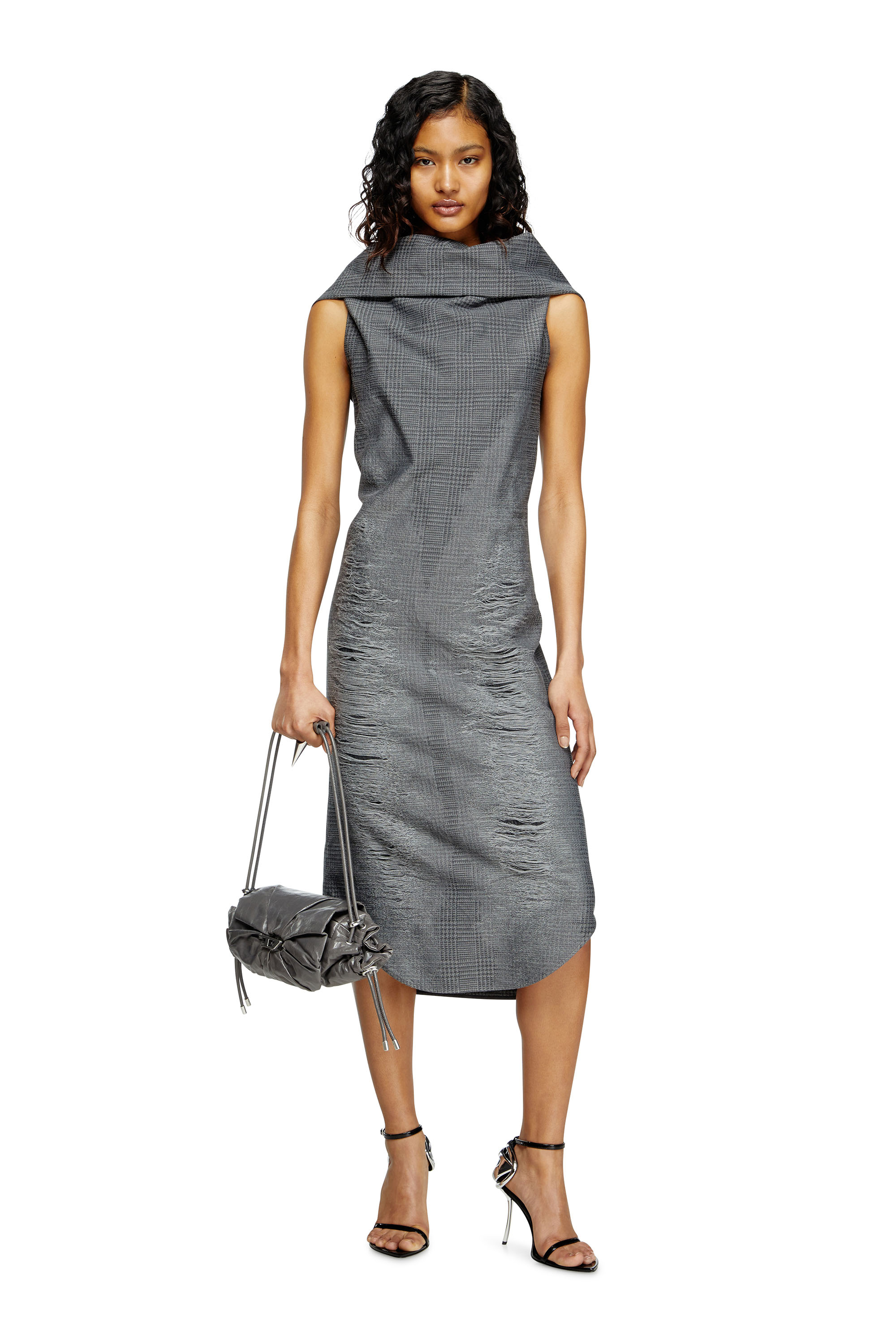 Diesel Prince Of Wales Midi Dress With Distressing In Grey