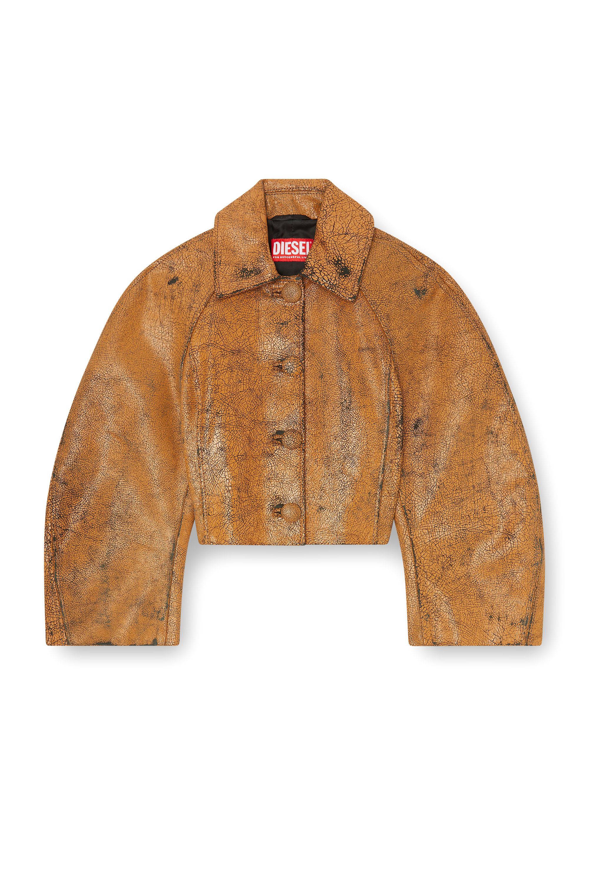 Diesel - L-RAYA, Woman's Cropped cocoon jacket in crackle leather in Brown - 2