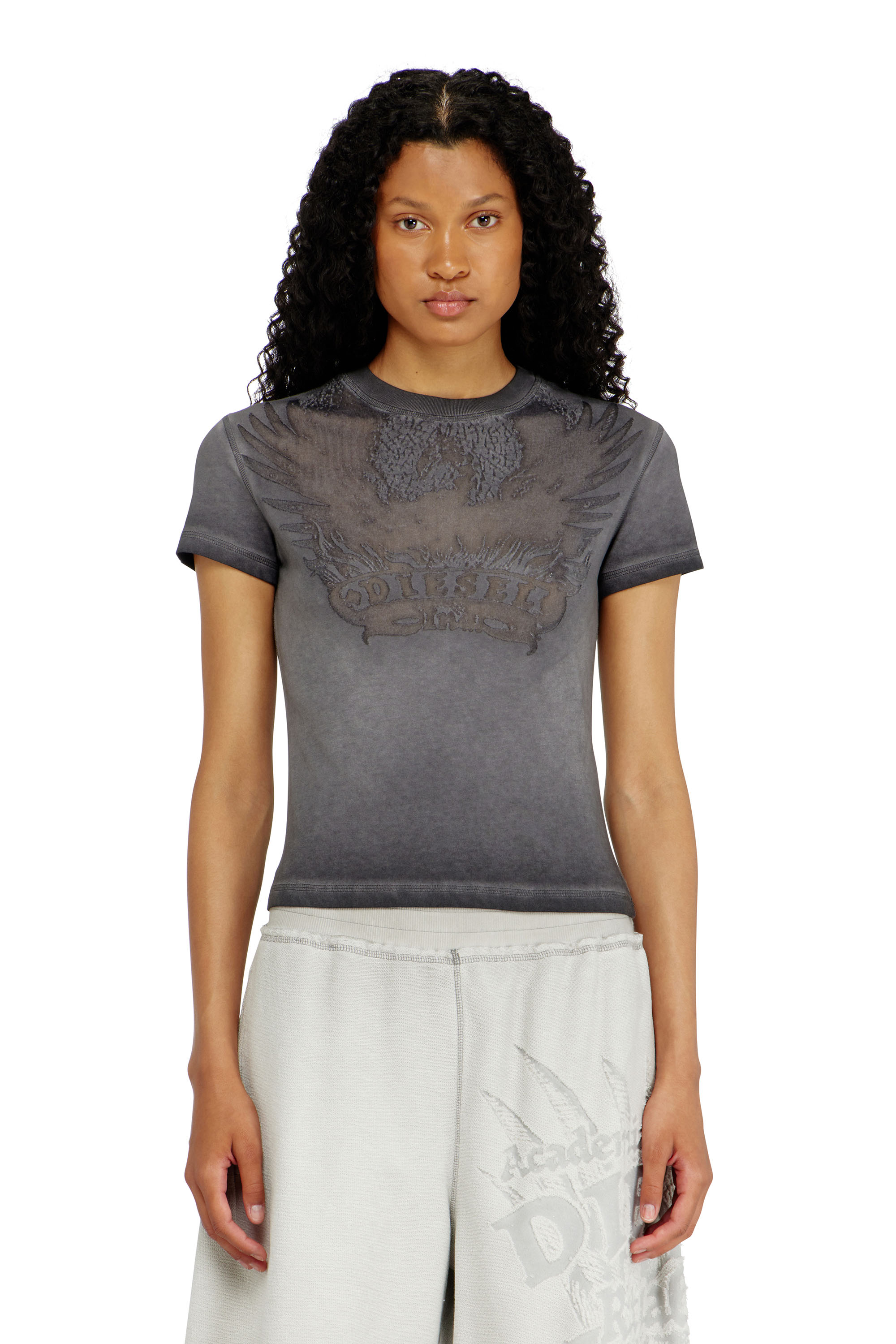 Diesel - T-ILA-AA7, Woman's Slim T-shirt with d&eacute;vor&eacute; Phoenix in Dark grey - 3