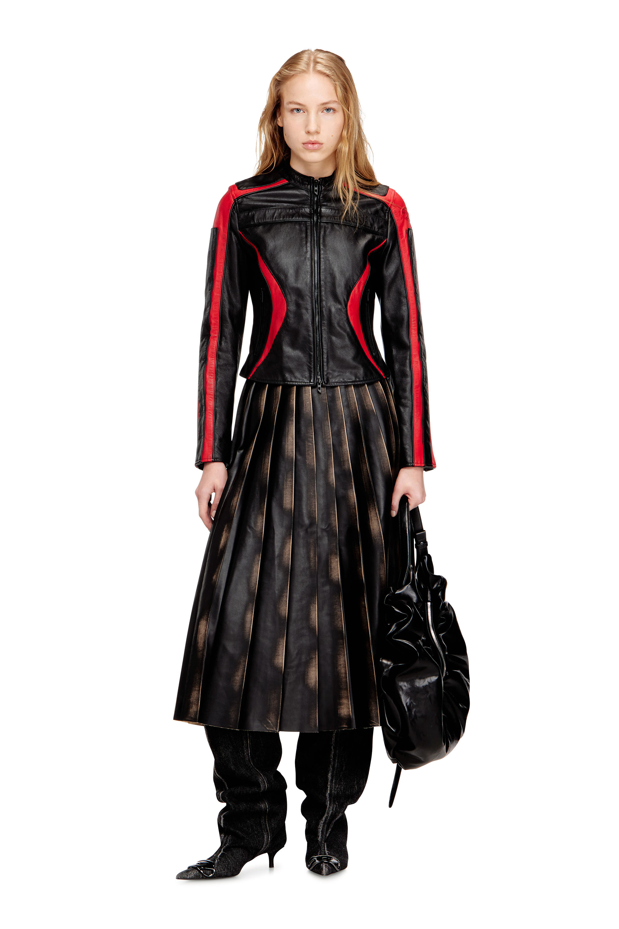 Diesel - L-OVABLE, Woman's Biker jacket in colour-block leather in Black/Red - 1