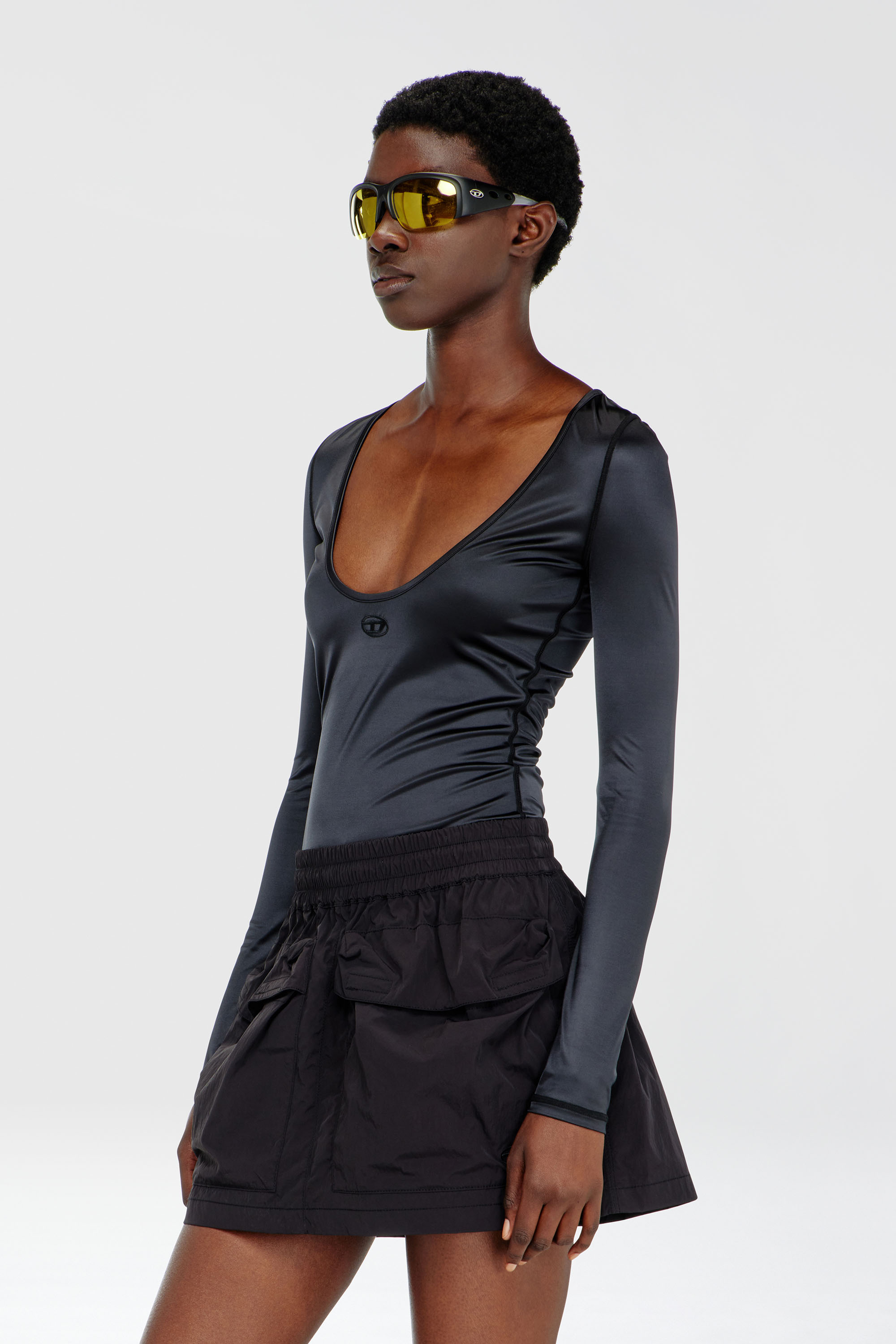 Diesel - Nylon slim top scoop neck with Logo Oval D embroidery - Tops - Woman - Black