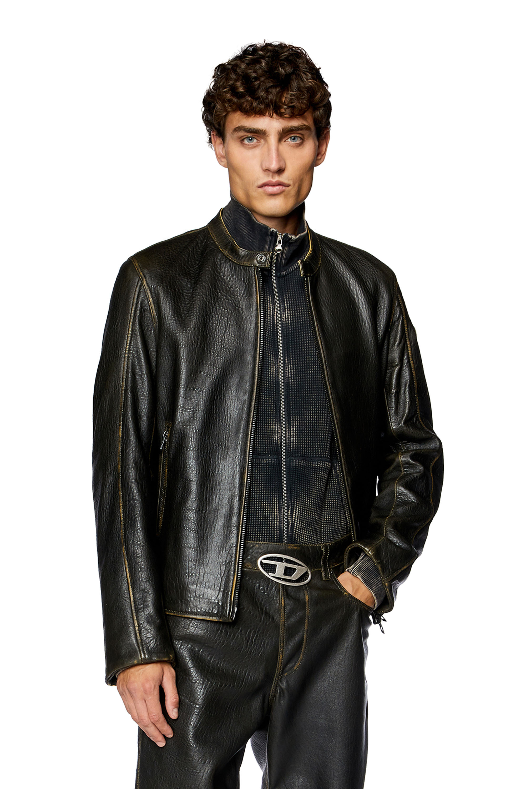 Diesel - Biker jacket in wrinkled leather - Leather jackets - Man - Brown