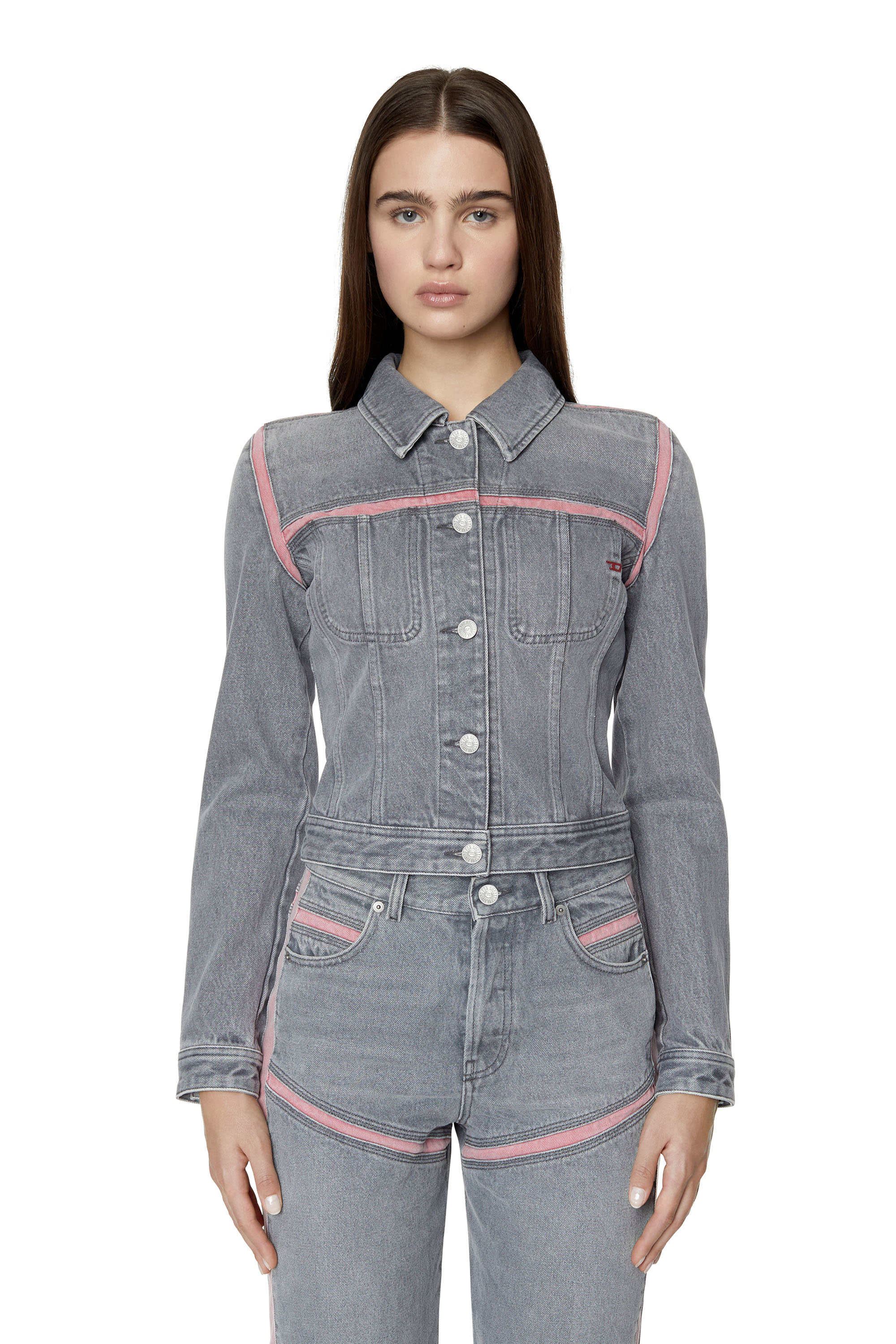 Diesel - Giacca trucker slim-fit con inserti rossi - Giacche in denim - Donna - Grigio