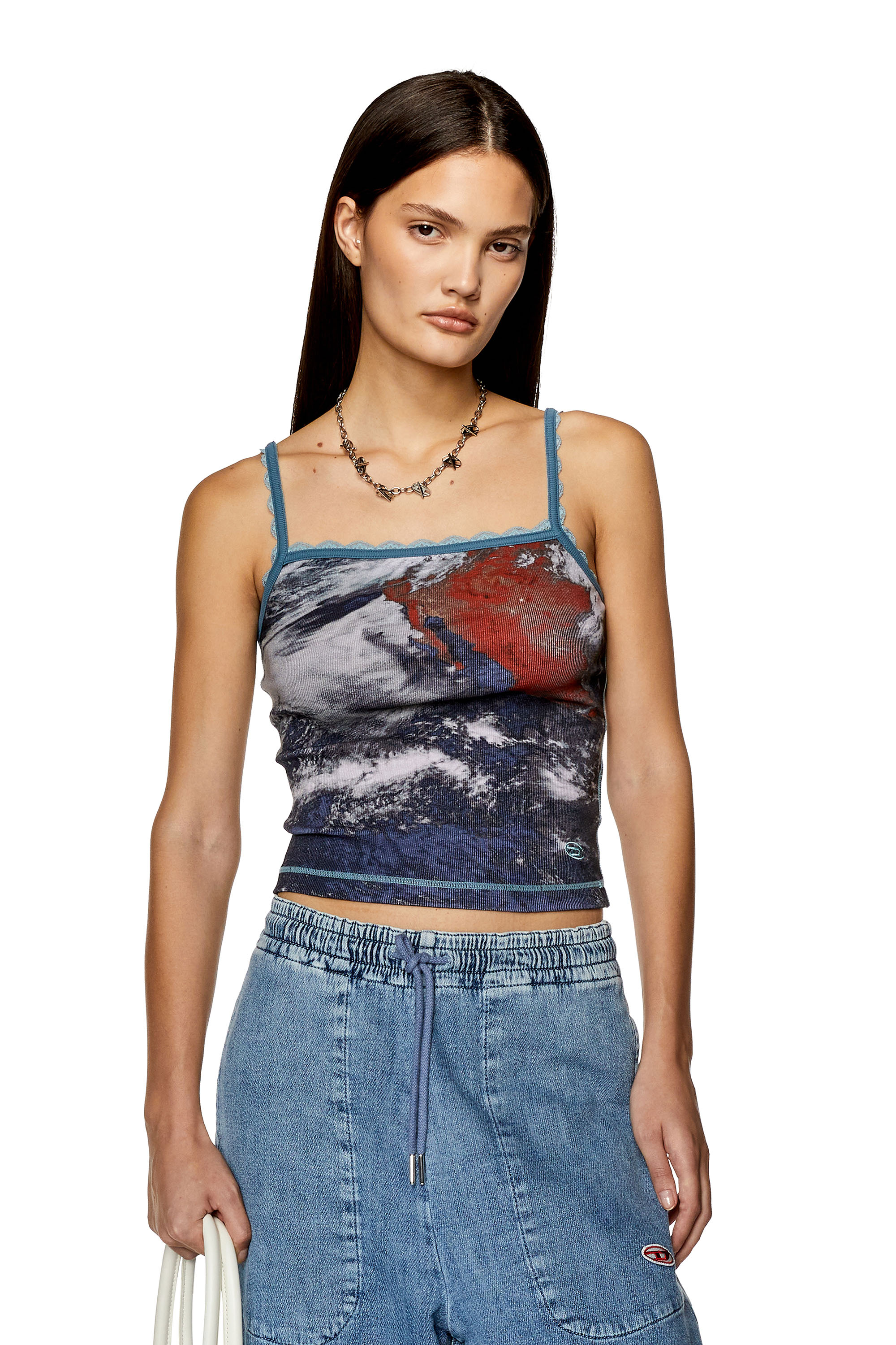 Diesel - Camisola de canalé con estampado Planet - Camisetas - Mujer - Azul marino