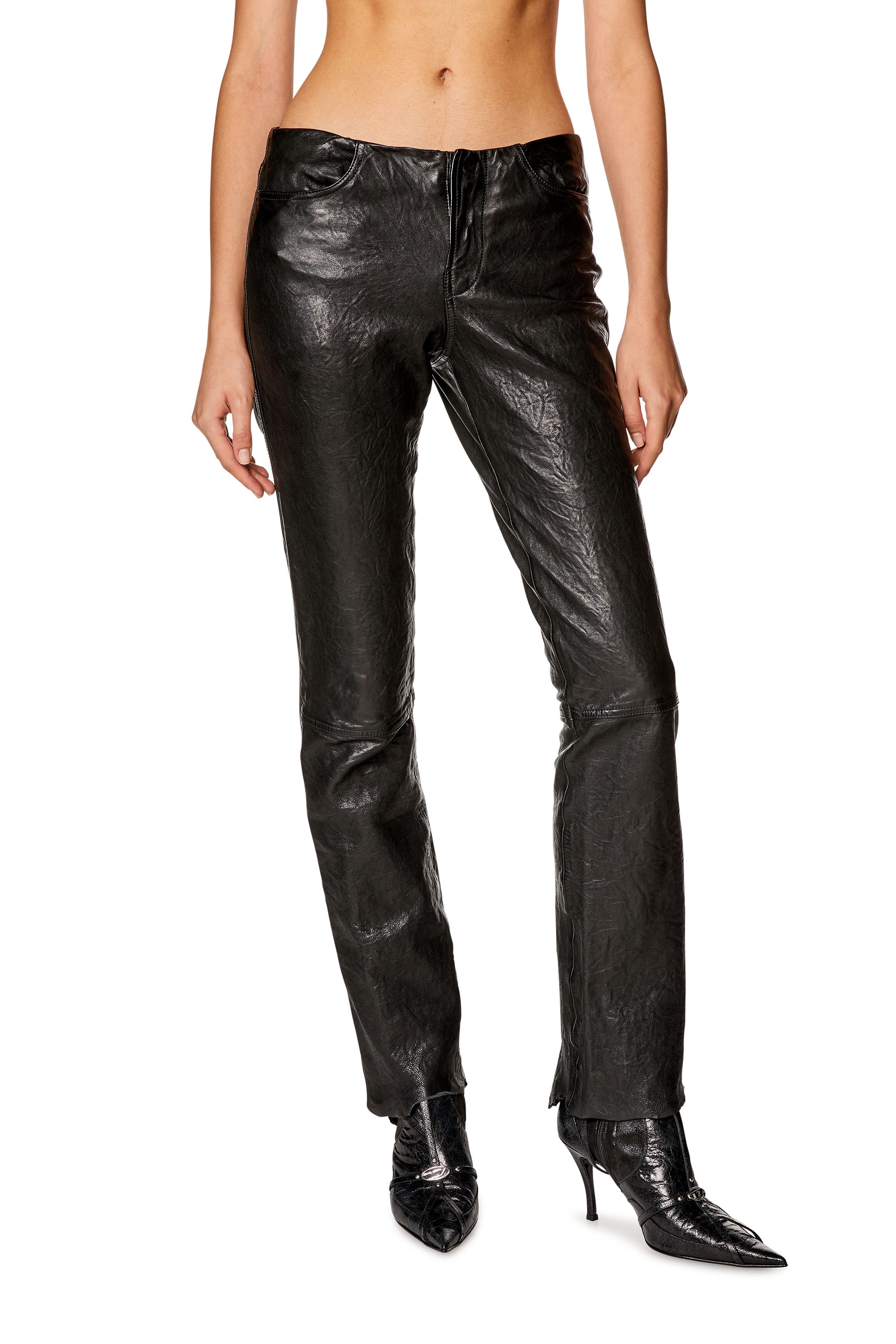Diesel Pants In Shiny Wrinkled Leather In Black