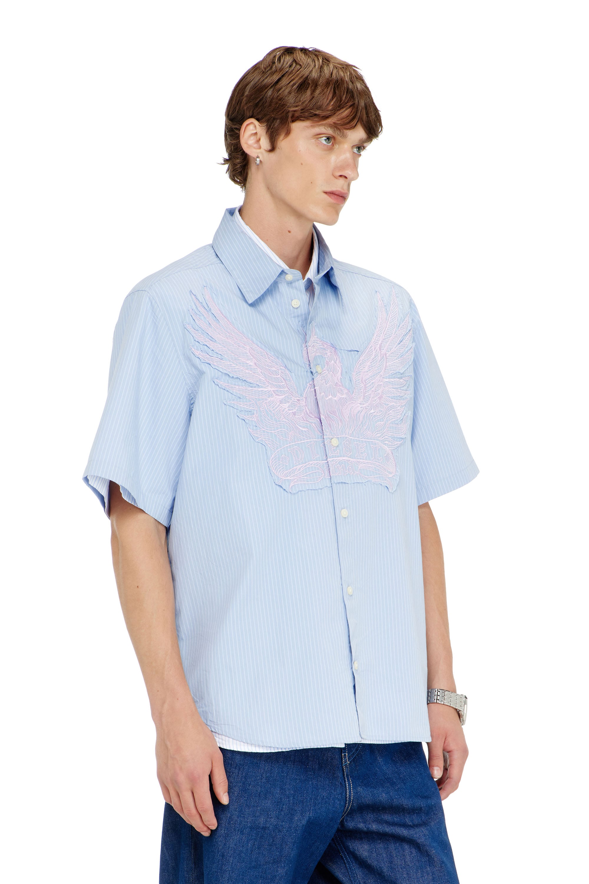 Diesel - Striped poplin shirt with embroidered patch - Shirts - Man - Blue