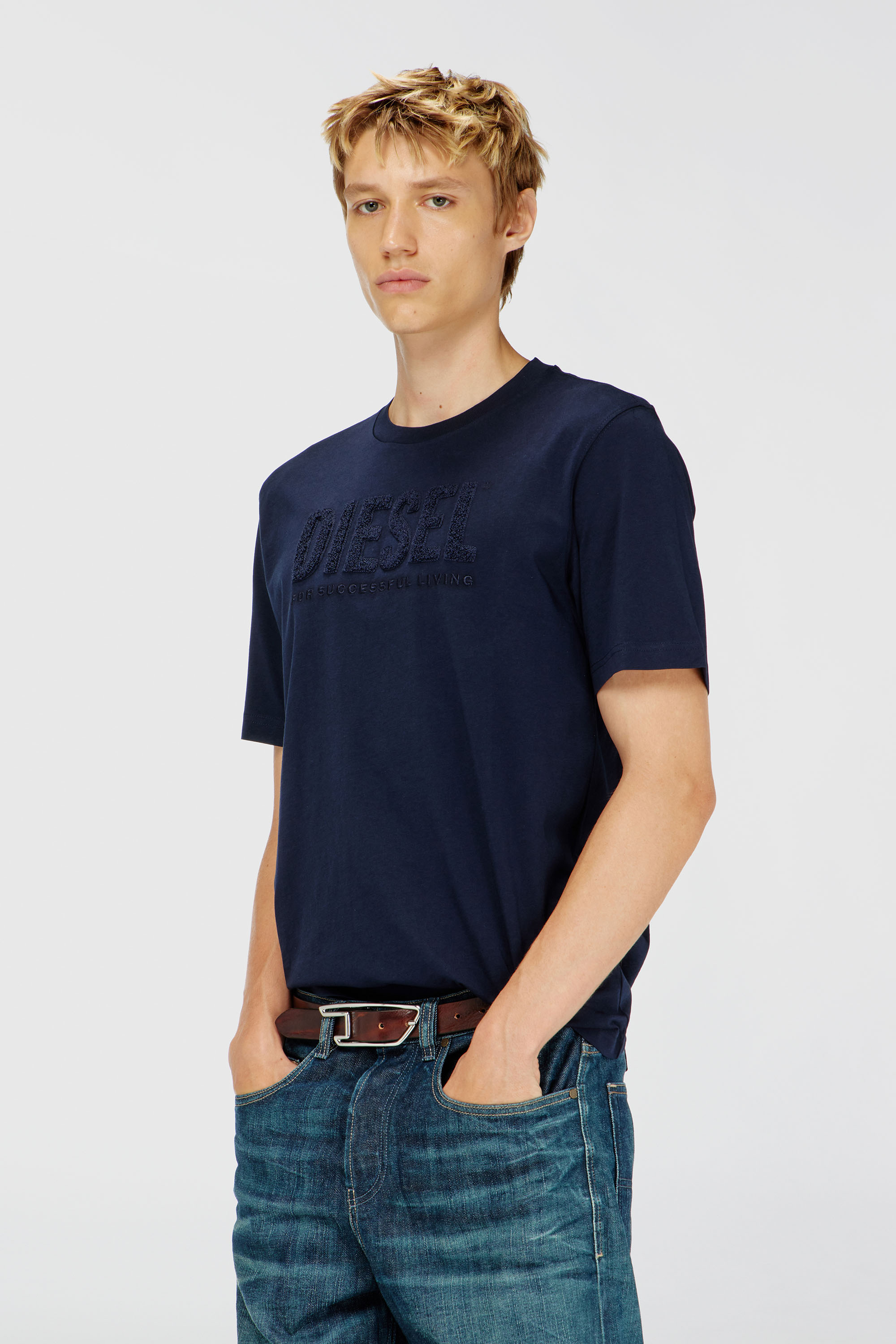 Diesel - Cotton T-shirt with tonal Diesel logo print - T-Shirts - Man - Blue