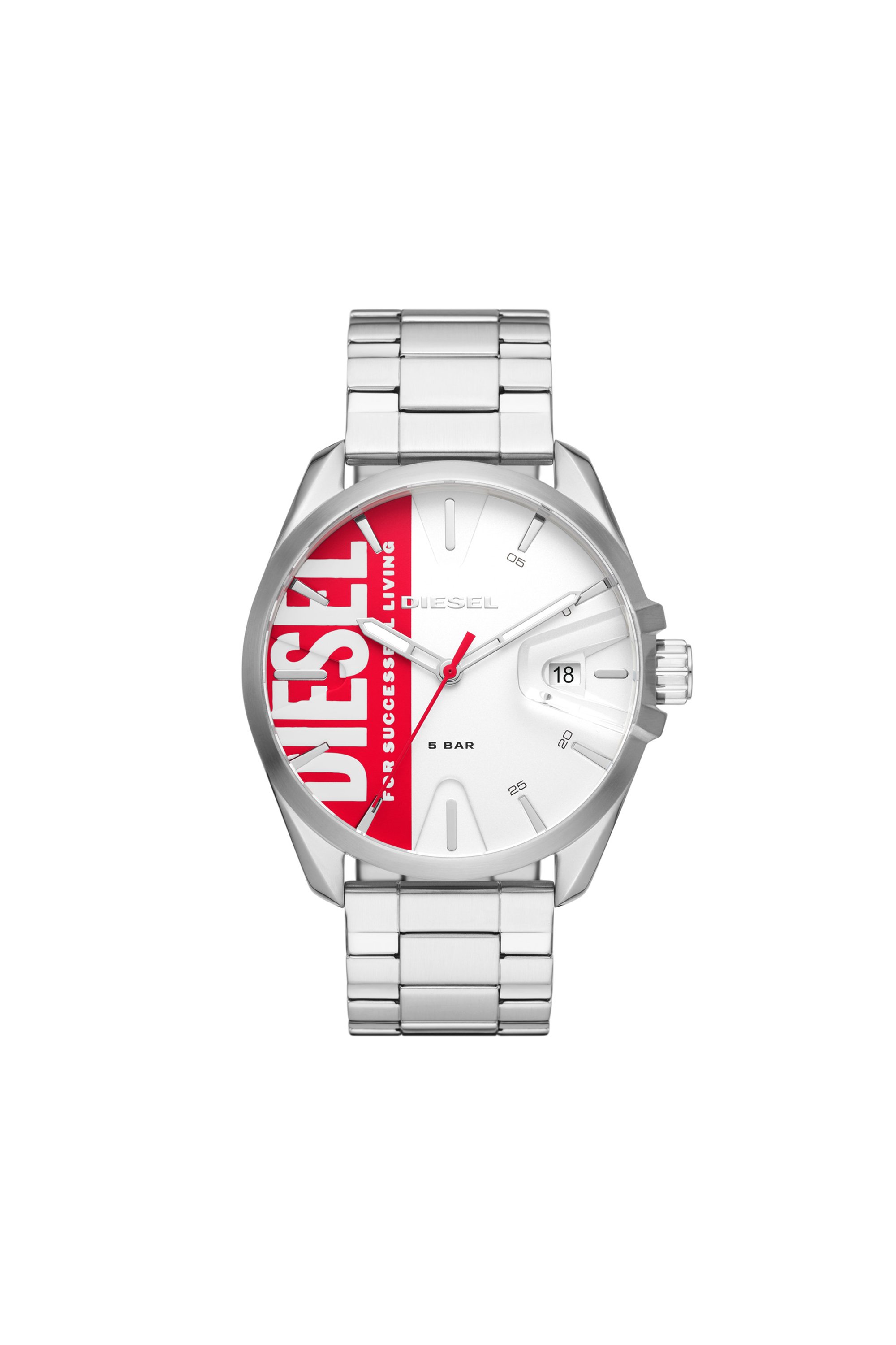 Shop Diesel Ms9 Three-hand Date Stainless Steel Watch In Argento