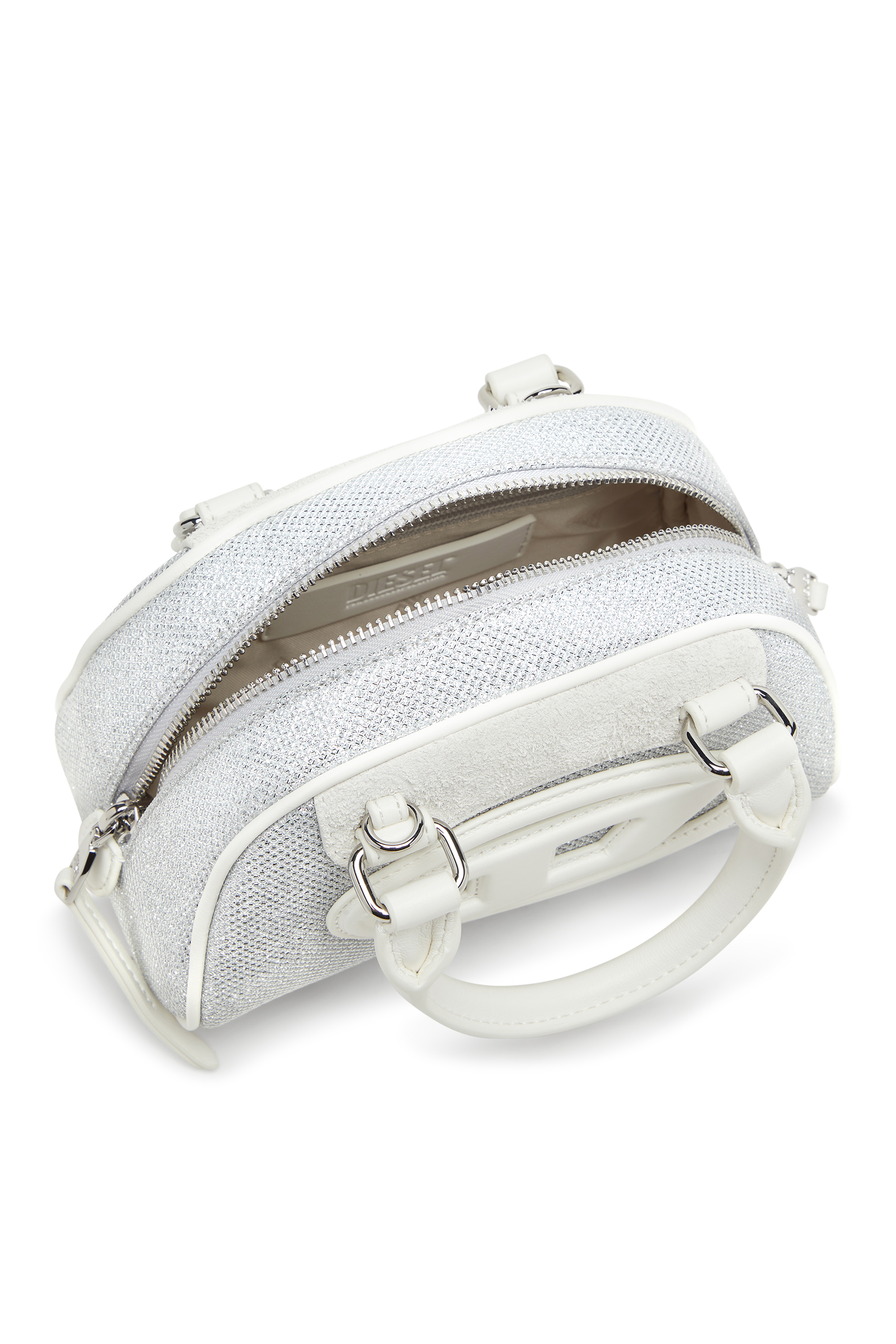 Diesel - 1DR DOME CROSSBODY, Woman's 1DR Dome-Mini bowling bag in lurex fabric in White/Grey - 4