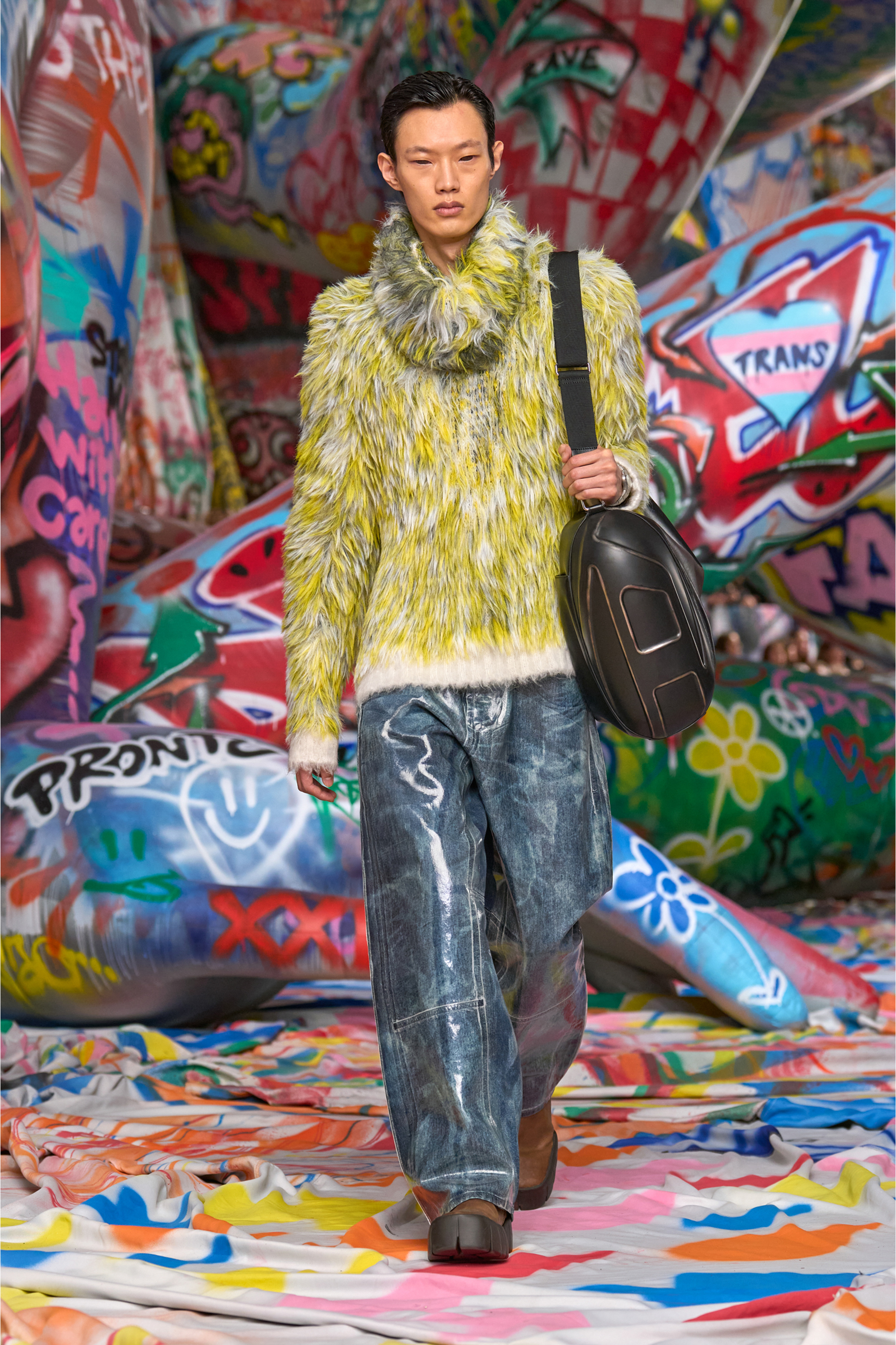 Diesel - K-ALLEN, Man's Jumper in fluffy jacquard knit in White/Yellow - 3