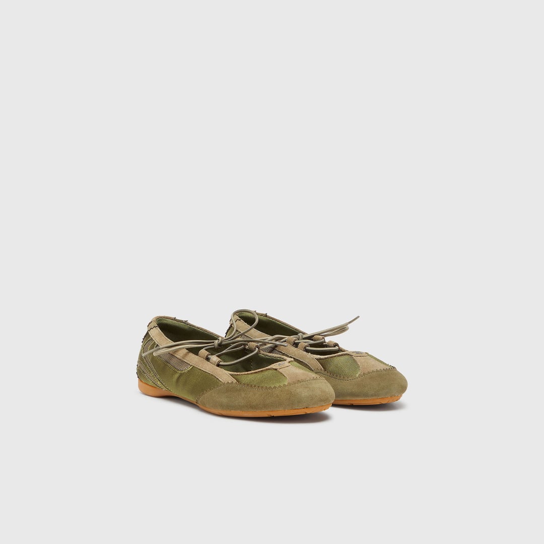 Diesel - D-Mile - Lace-up ballerina flats in leather and mesh - Flats - Woman - Green