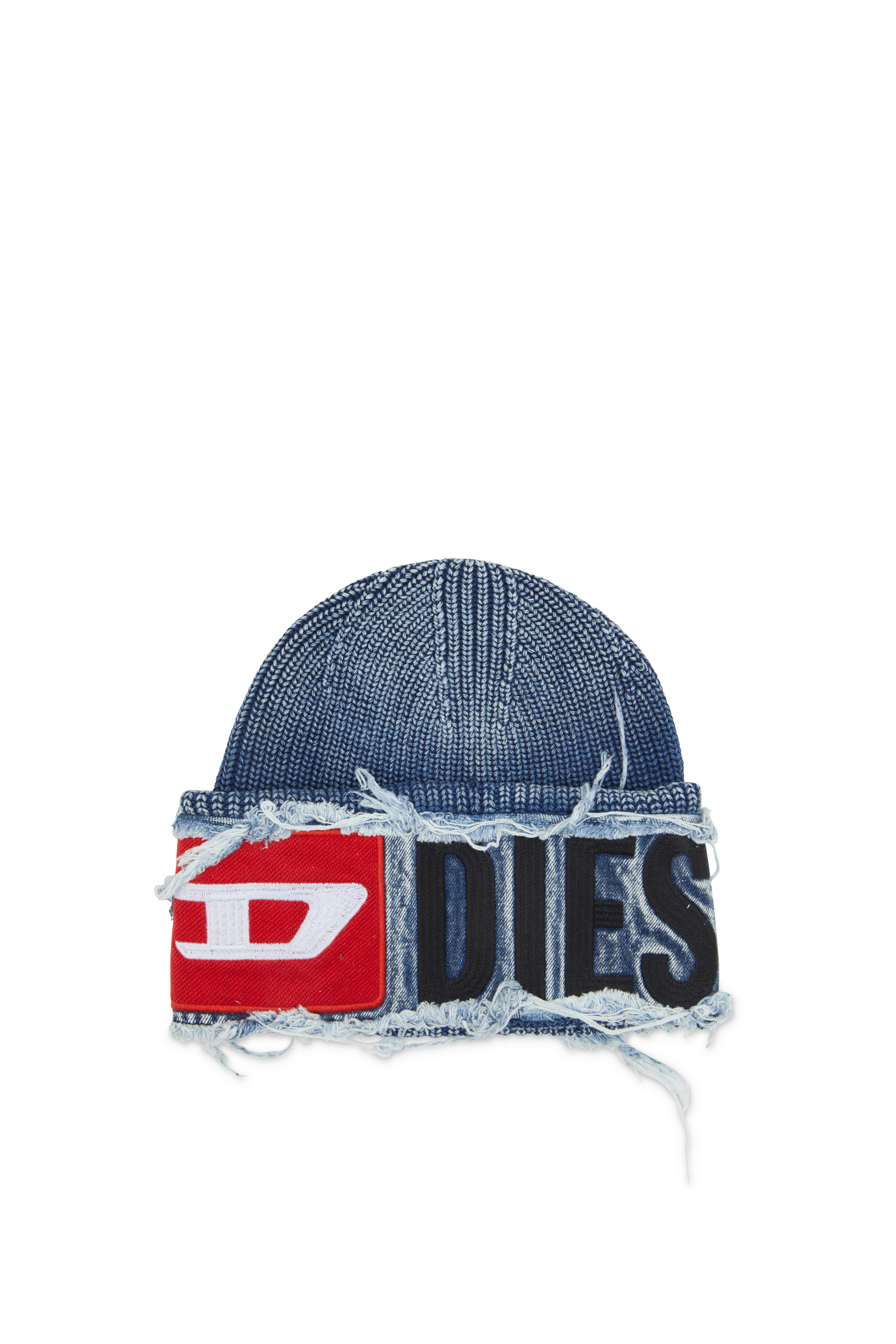Shop Diesel Denim Effect Beanie With Bold Patch Detail