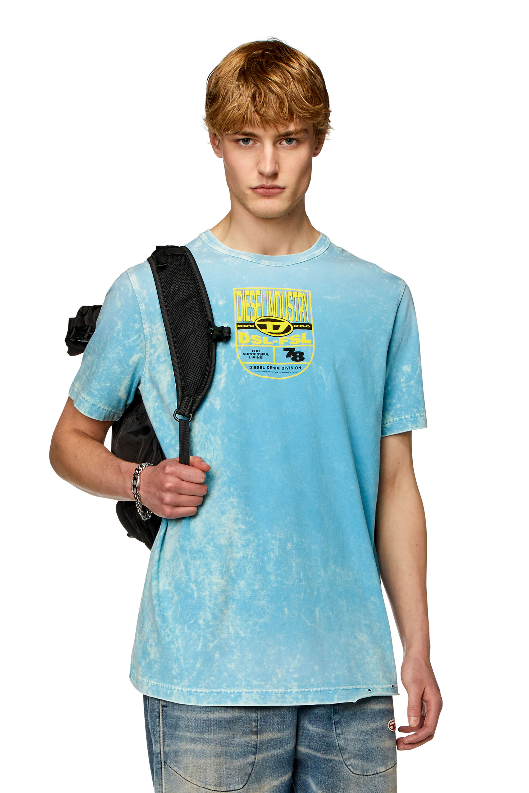 Diesel - Acid-wash T-shirt with crest logo print - T-Shirts - Man - Blue