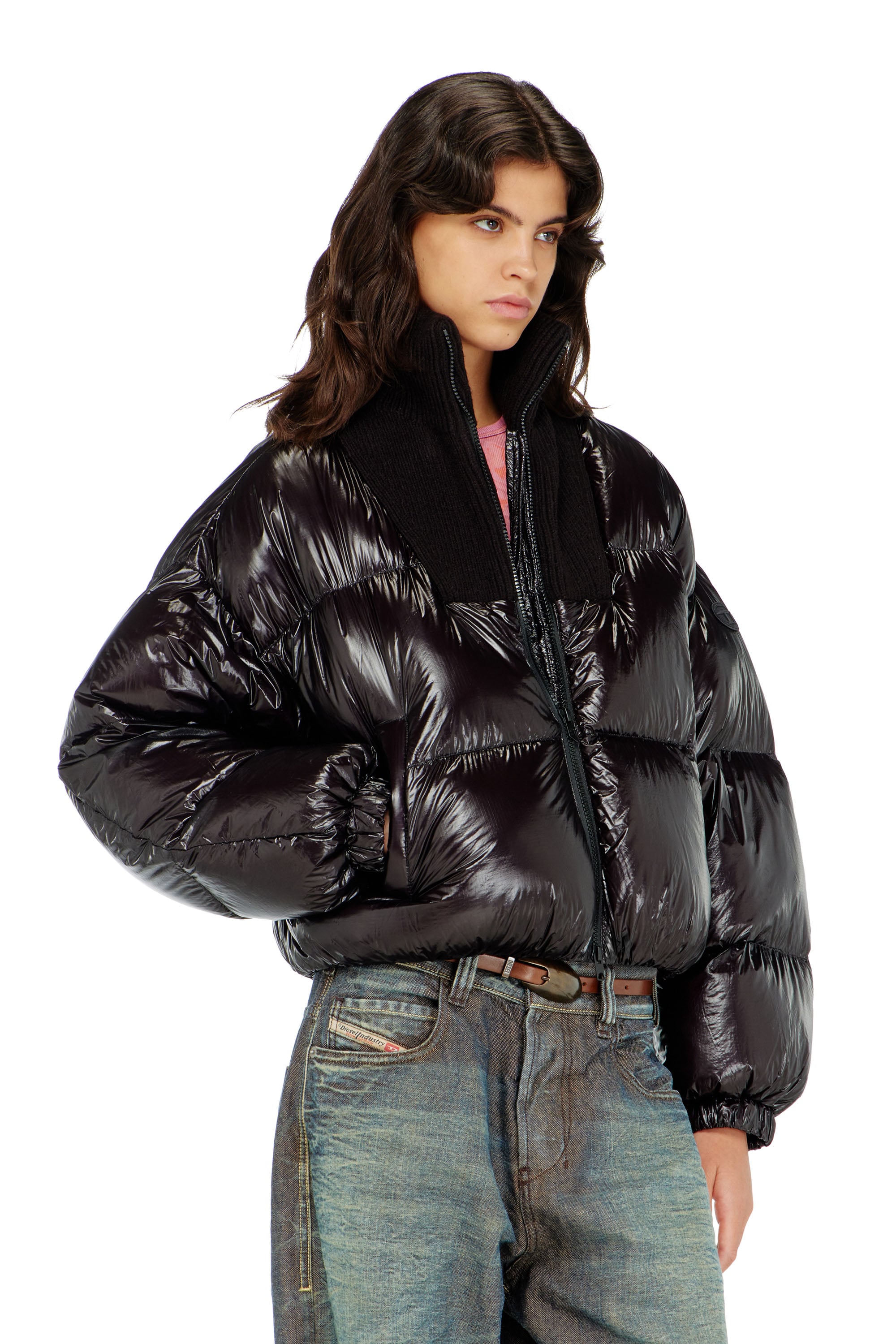 Diesel - Down puffer jacket in ripstop with knitted collar - Winter Jackets - Woman - Black