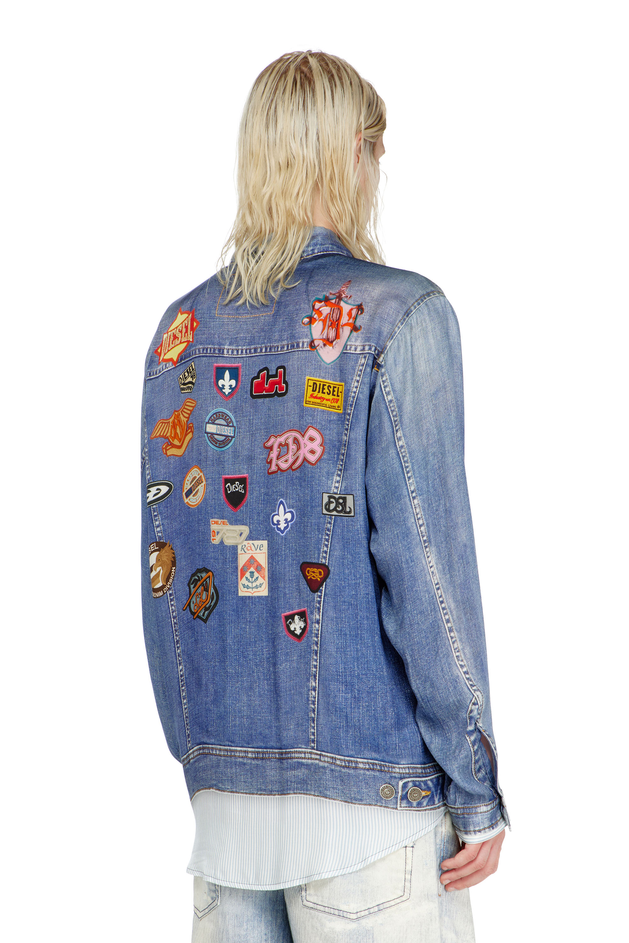 Diesel - S-SIMPLY-PATCH, Man's Satin shirt with trompe-l'oeil denim print in Medium blue - 4