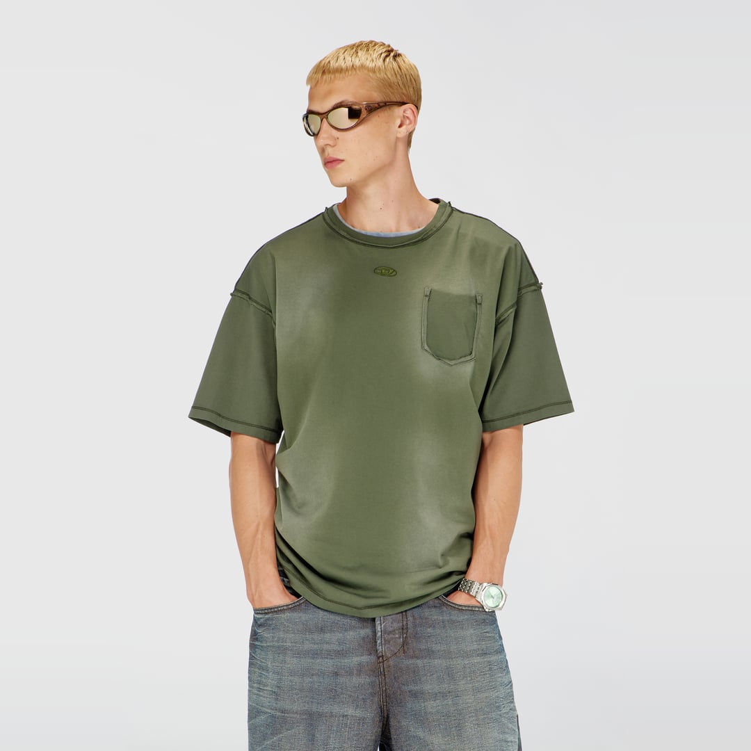Diesel - Faded T-shirt with ripped pocket detail - T-Shirts - Man - Green