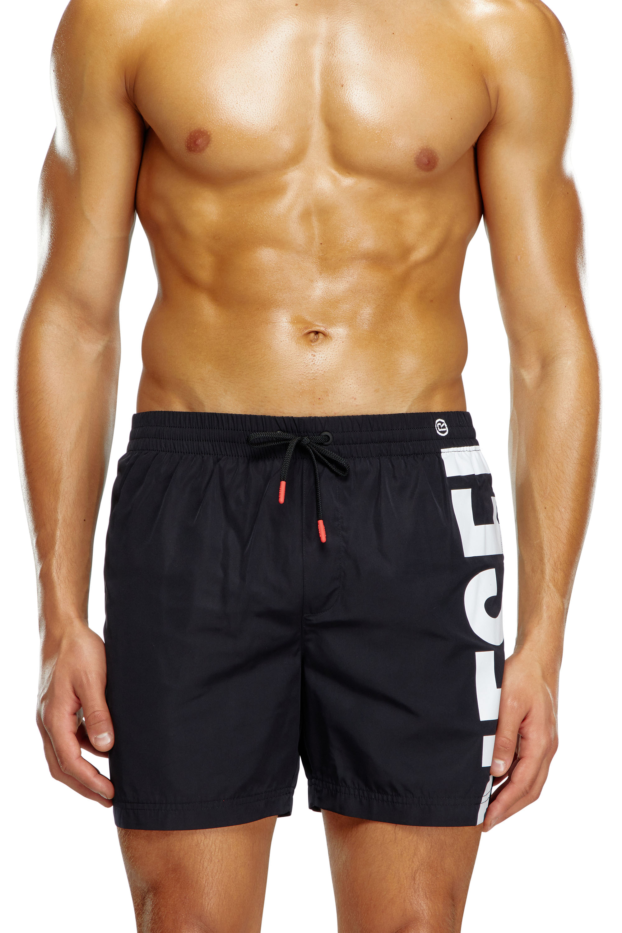 Shop Diesel Board Shorts With Side Logo Print In Black