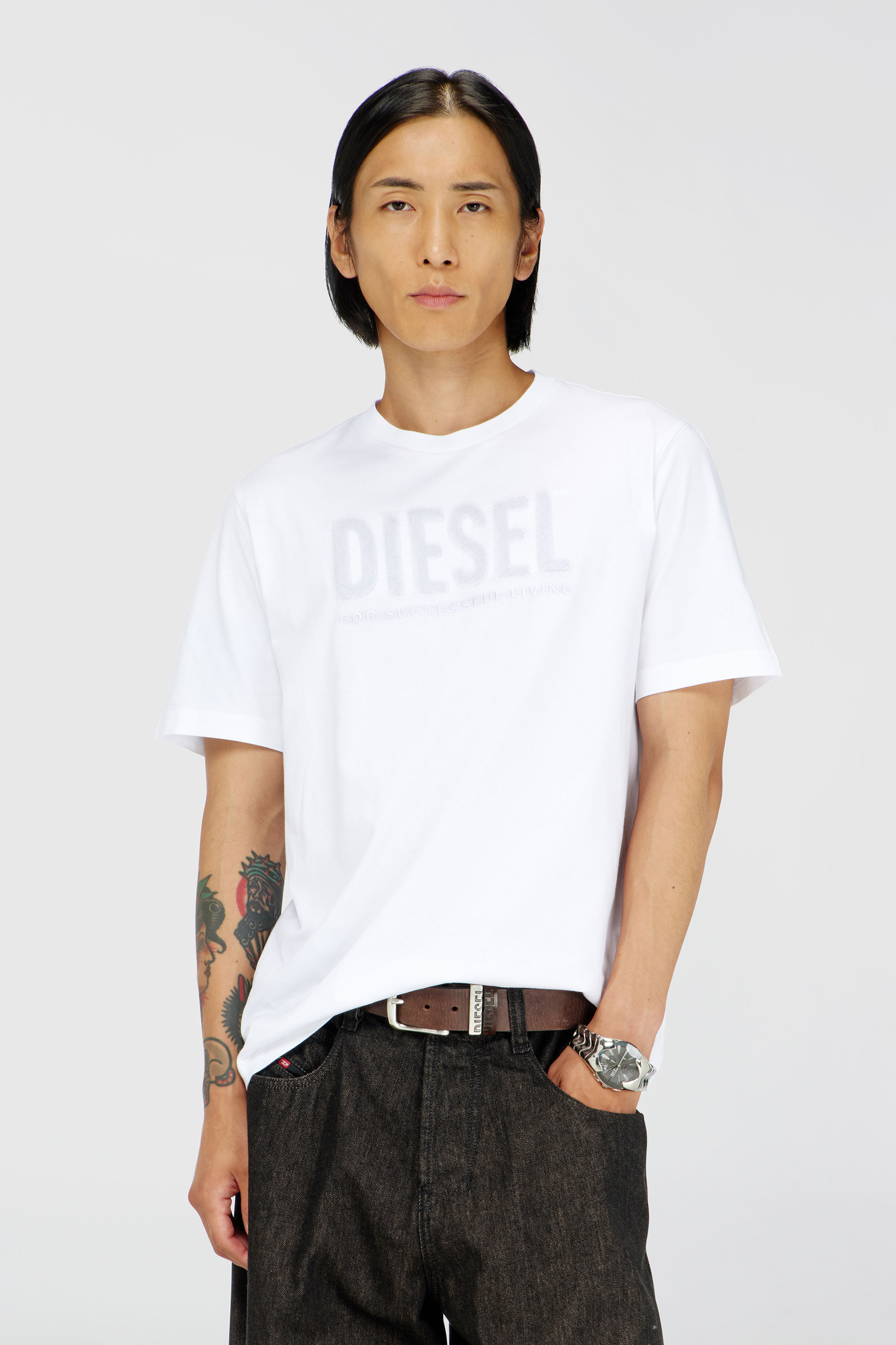 Diesel - Cotton T-shirt with tonal Diesel logo print - T-Shirts - Man - White