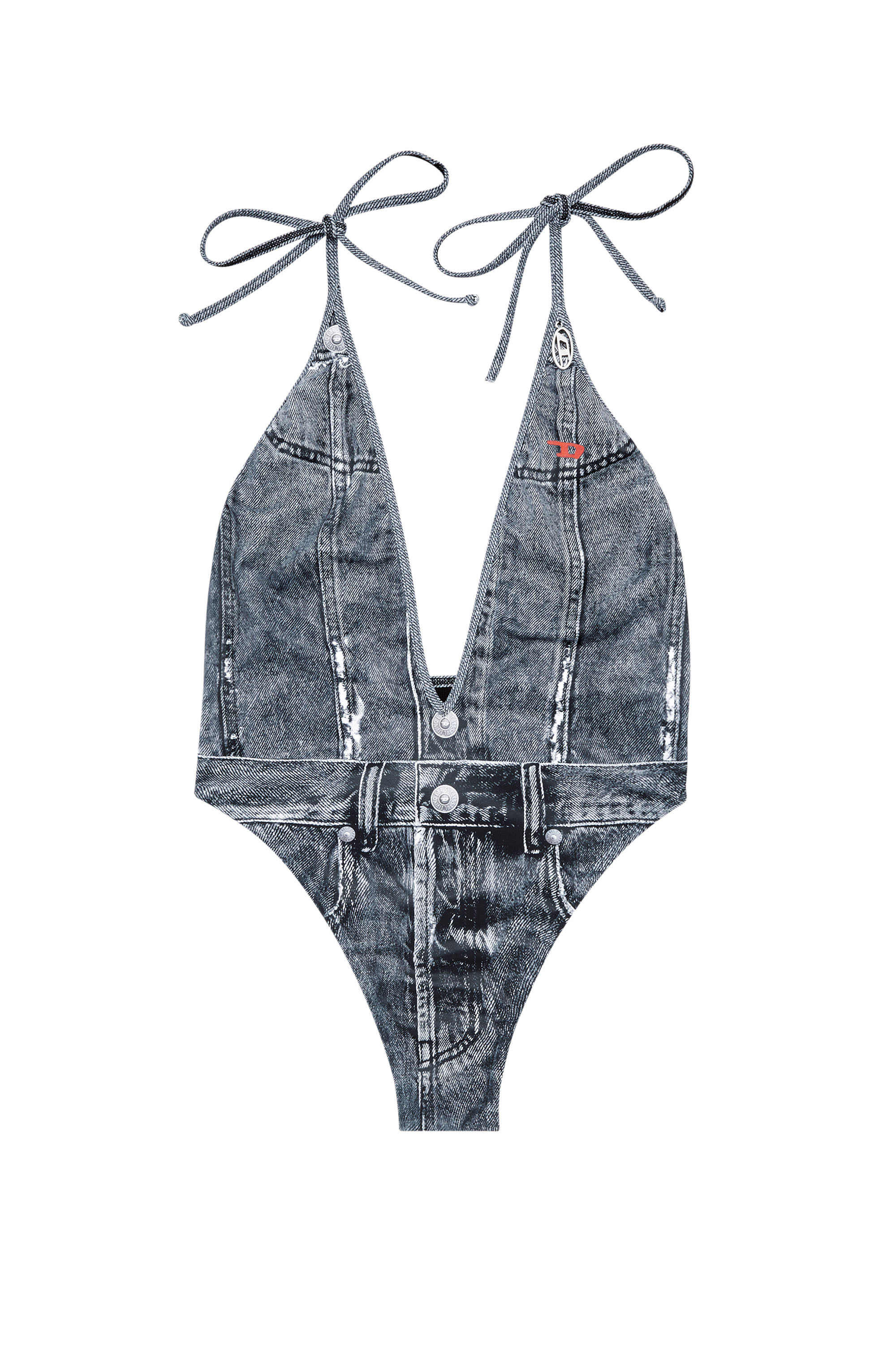 Diesel - KINSLEY-DNM, Woman's Plunging swimsuit with denim trompe l'oeil in Blue - 3