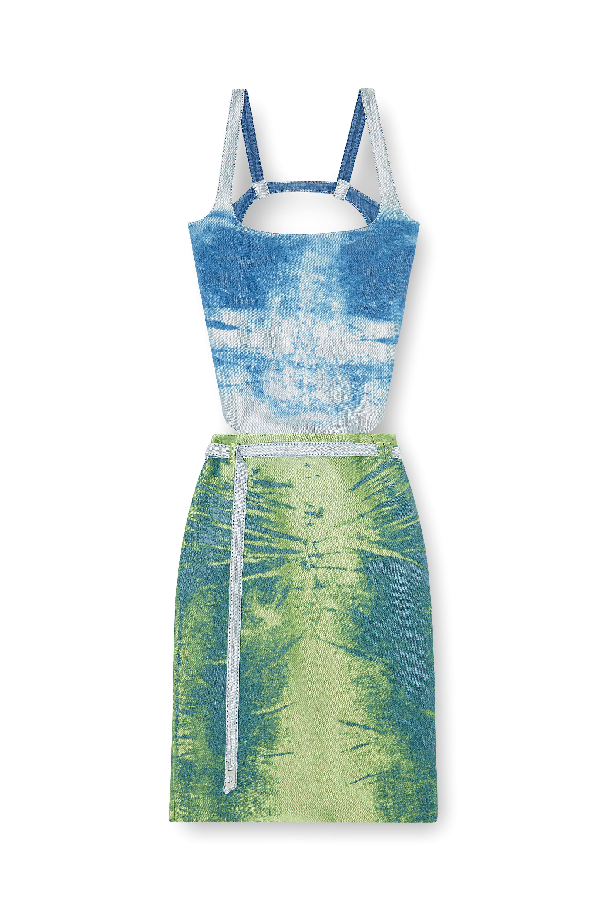 Diesel - DE-SANAT-FSI, Woman's Open-back apron dress in coloured satin denim in Blue/Green - 3