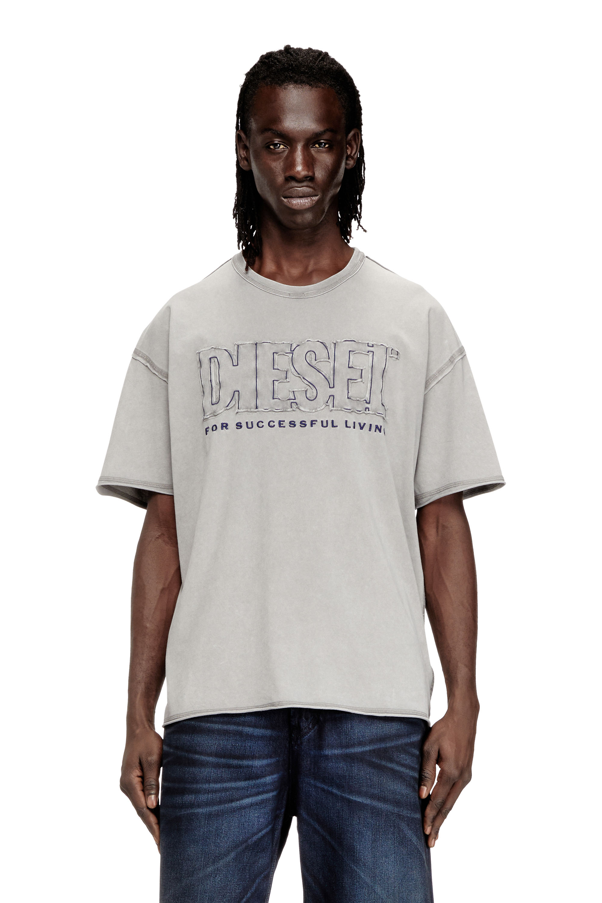 Diesel Homem Cinza - T-Shirt With Appliqué Logo And Raw Edge - T-Shirts - Man Grande