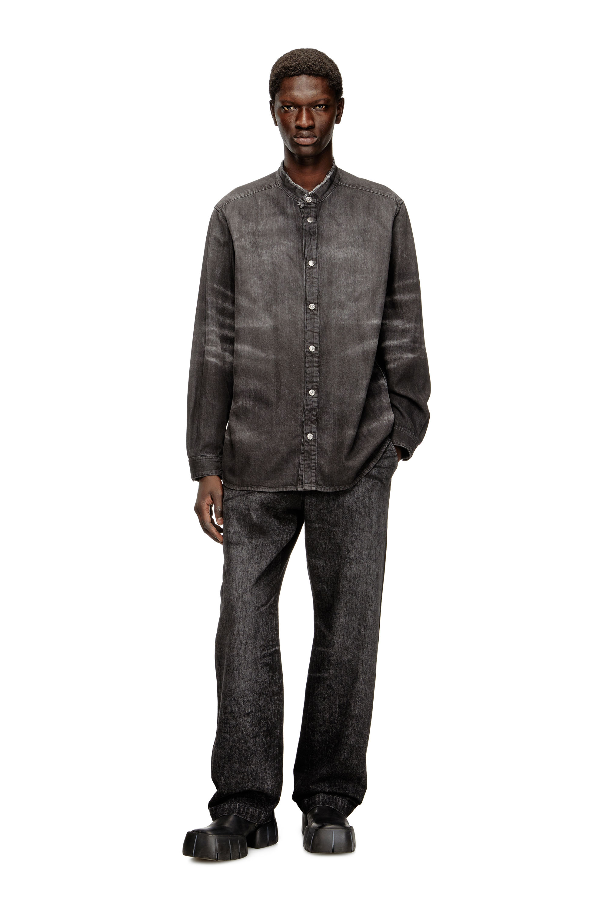 Diesel - D-SIMPLY-FSH, Man's Shirt in distressed honeycomb denim in Grey - 2