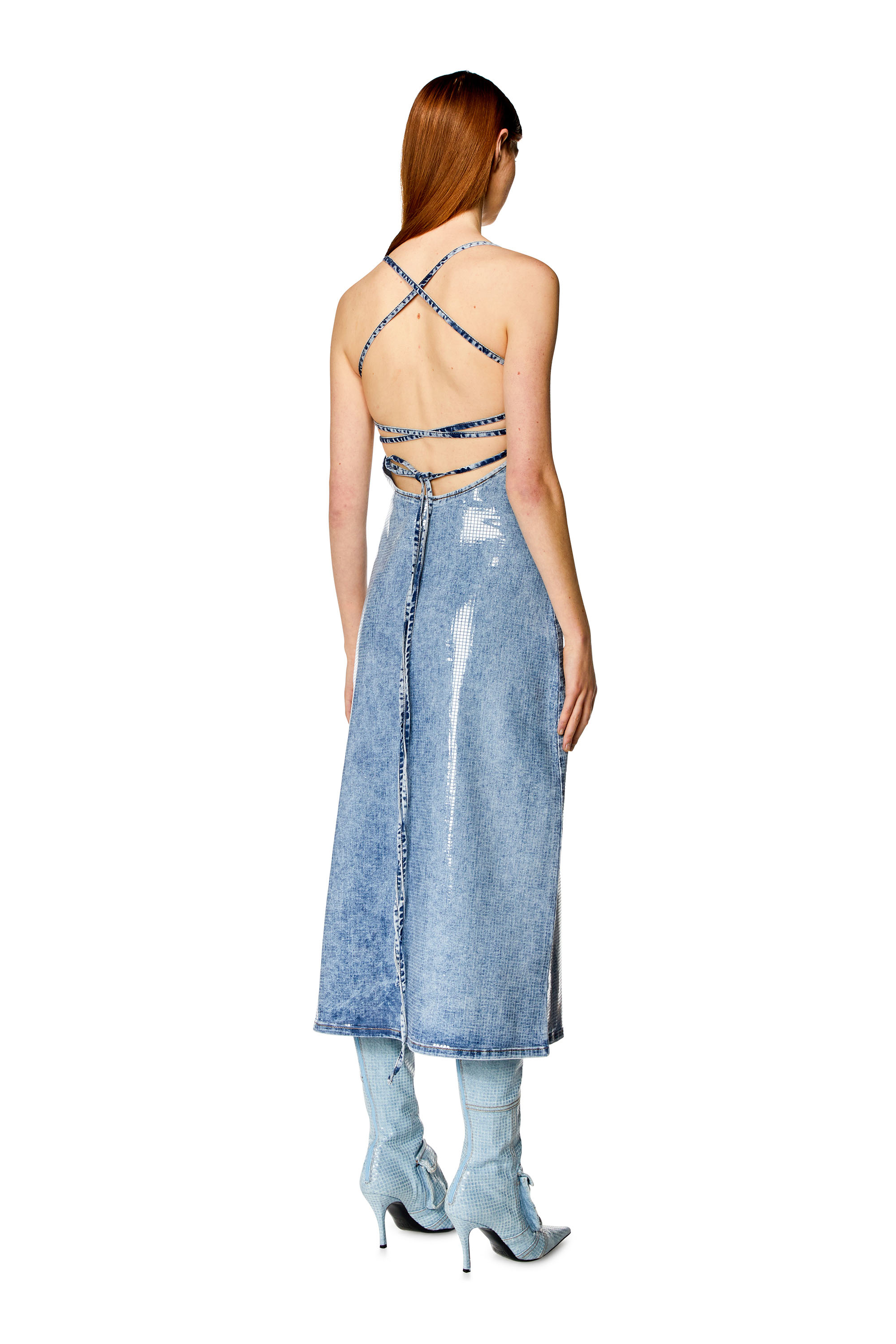 Diesel Strappy Midi Dress In Sequin Denim In Blu