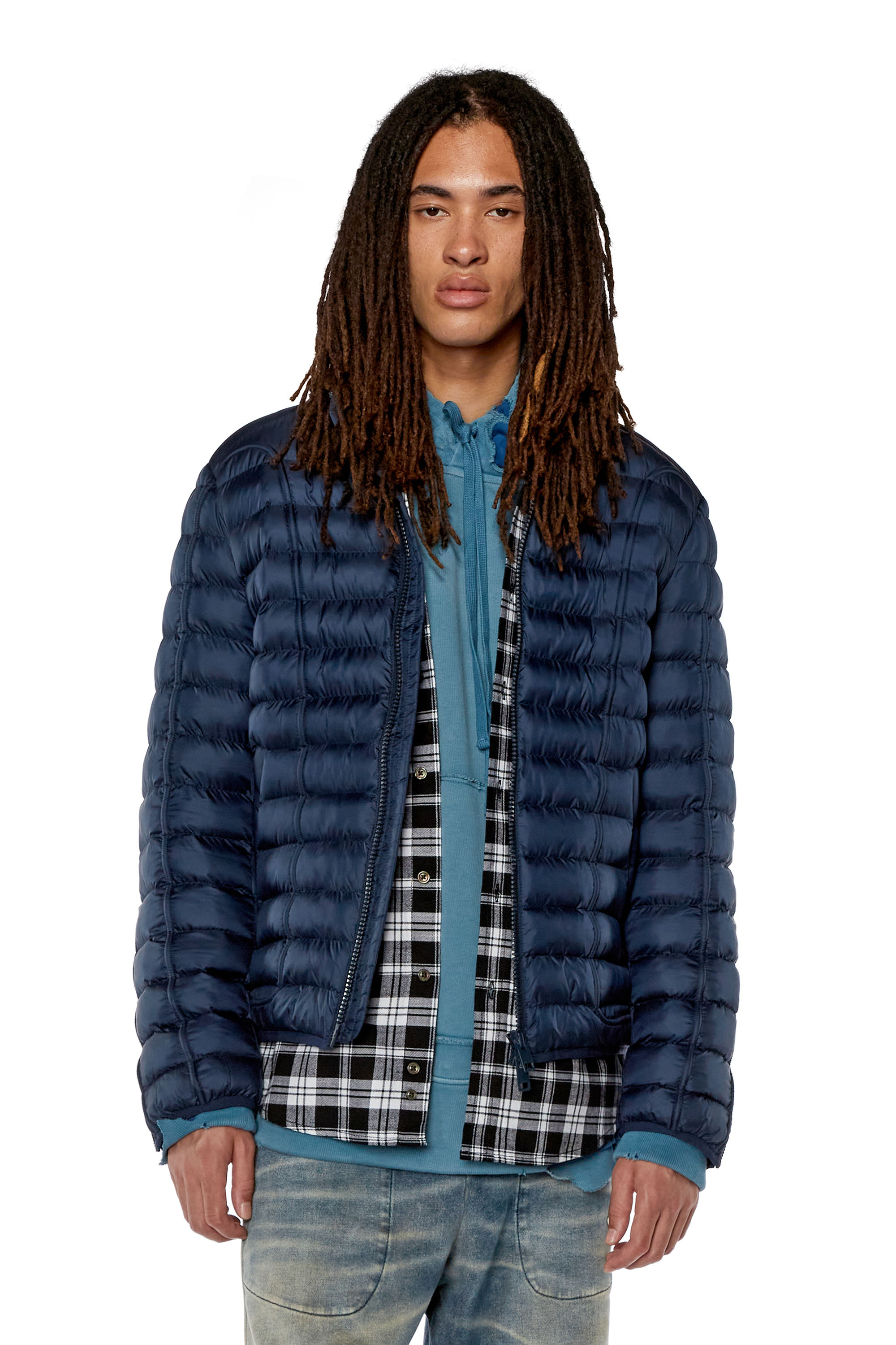 Diesel - Nylon puffer jacket with piping - Winter Jackets - Man - Blue