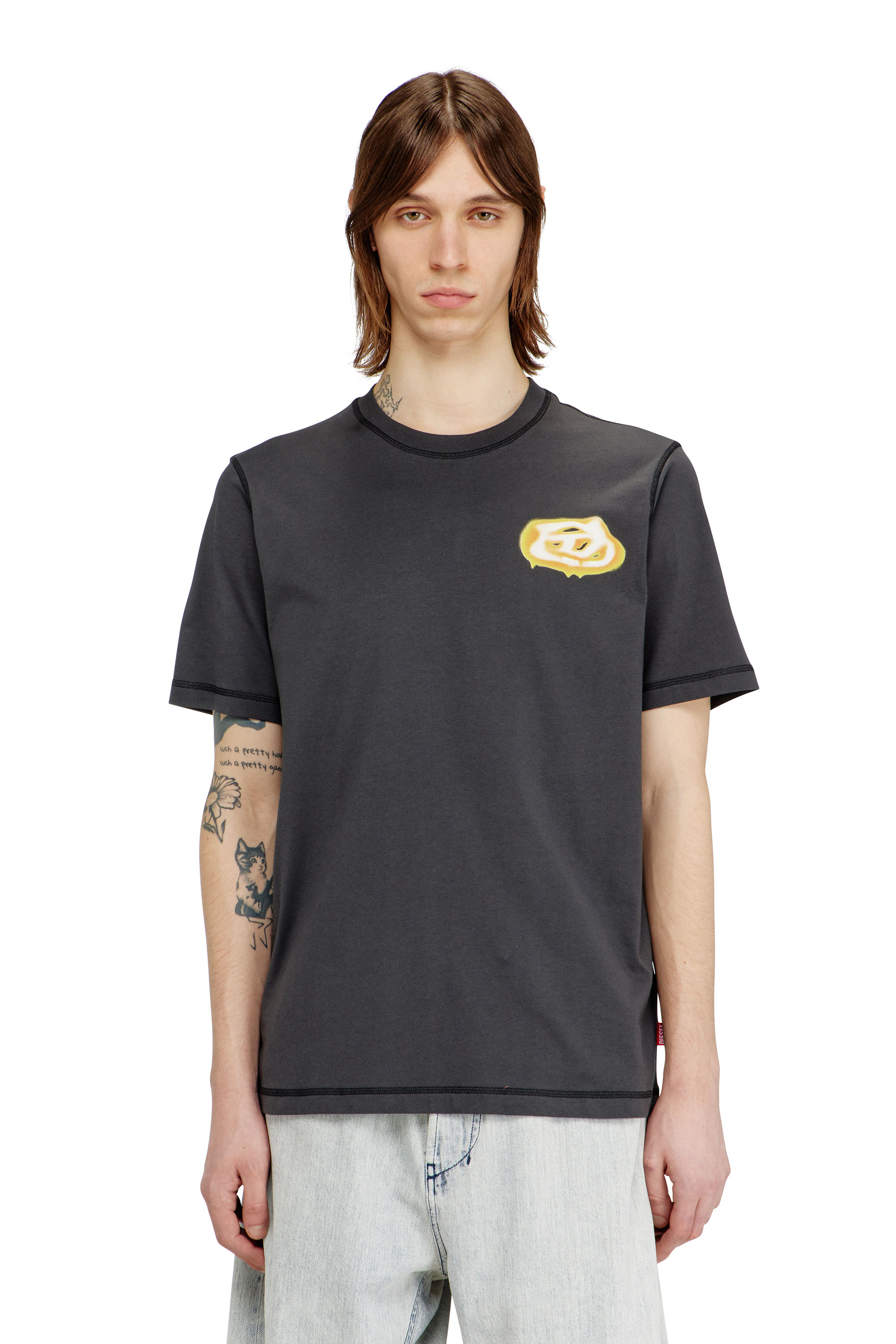 Diesel Men's Grey - T-Shirt With Oval D Logo Print - T-Shirts - Man Xxs