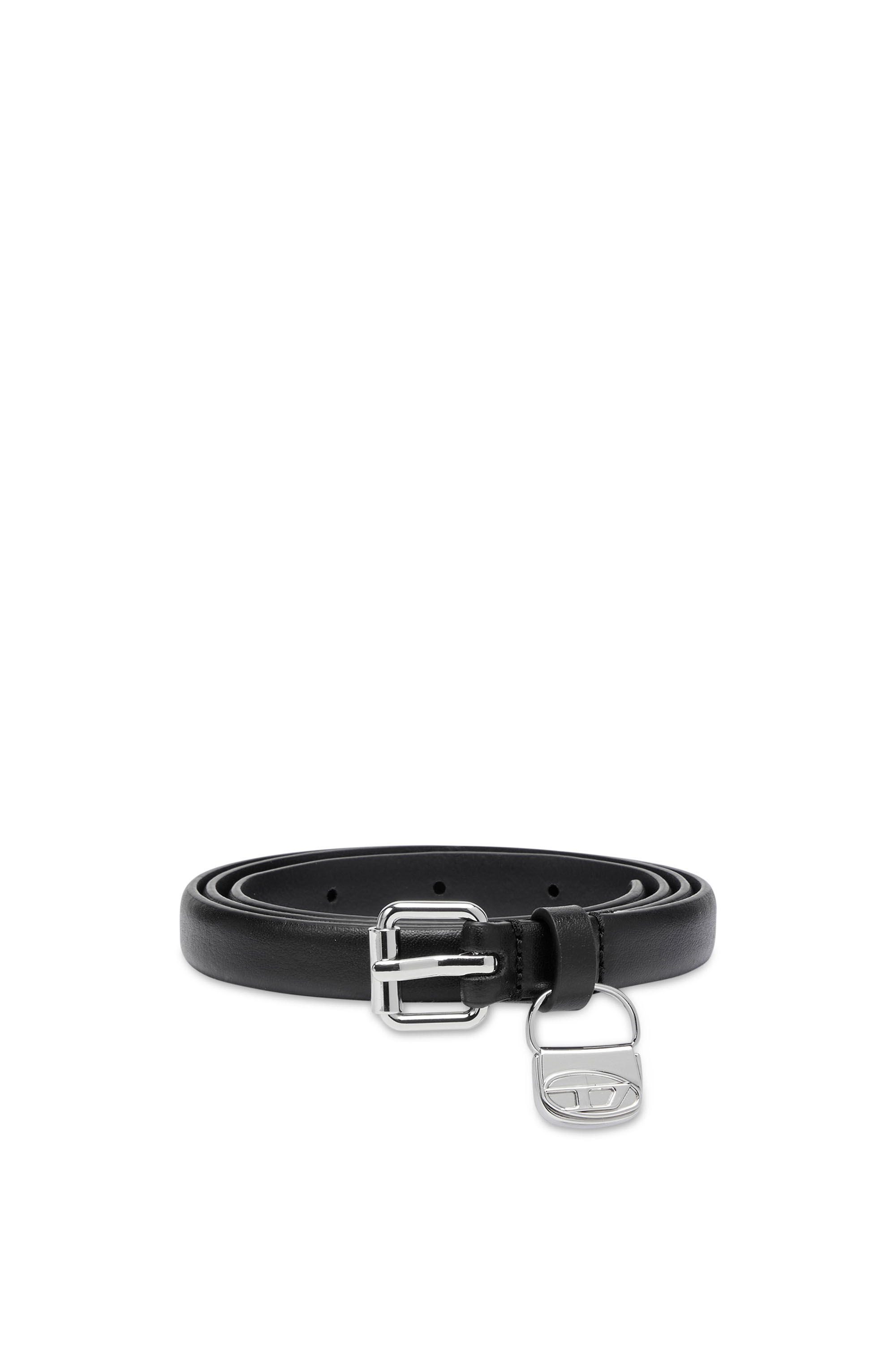 Diesel - Slim leather belt with 1DR bag charm - Belts - Woman - Black