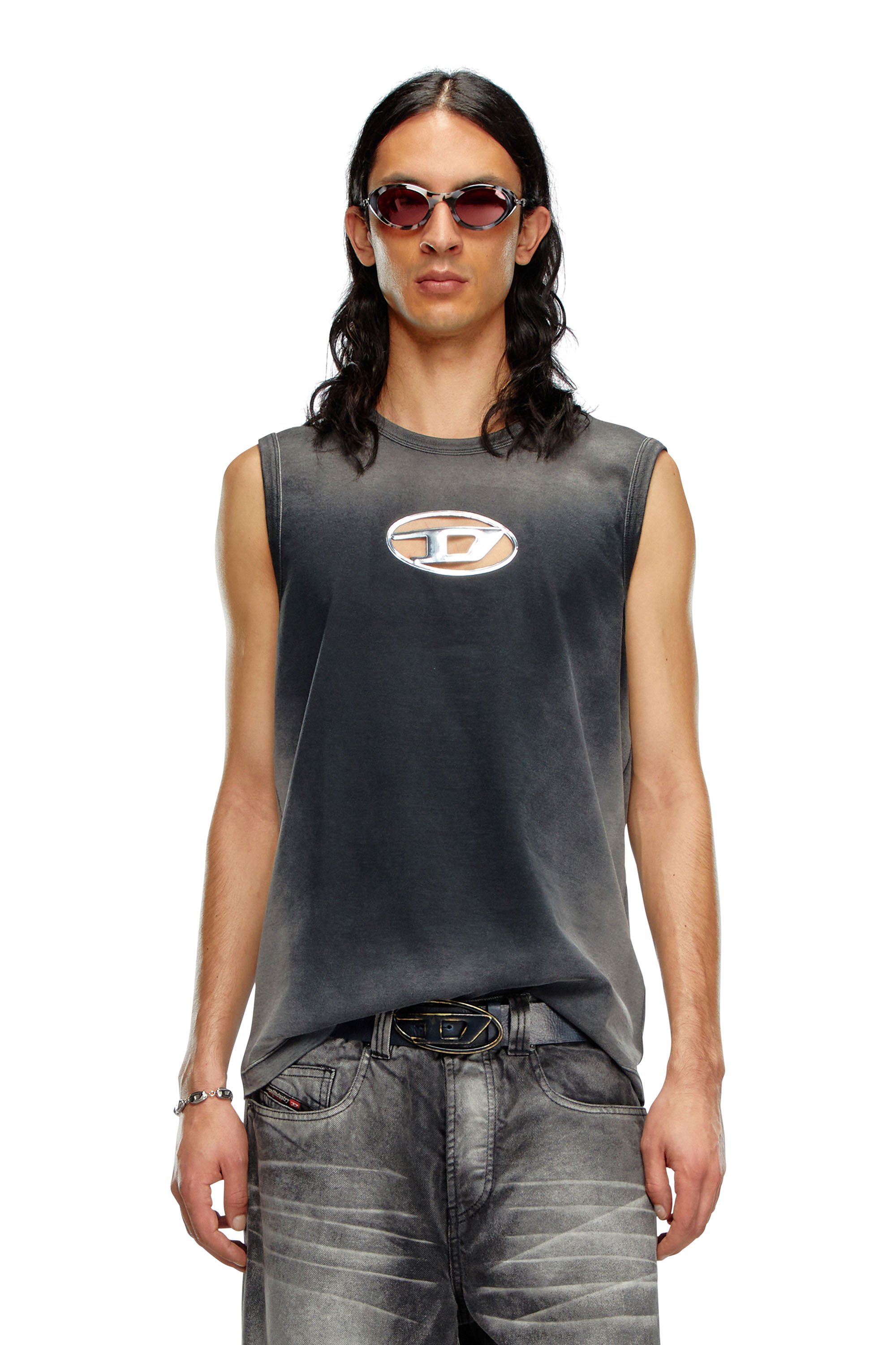 Diesel - Camiseta sin mangas desteñida con Oval D en relieve - Camisetas - Hombre - Negro