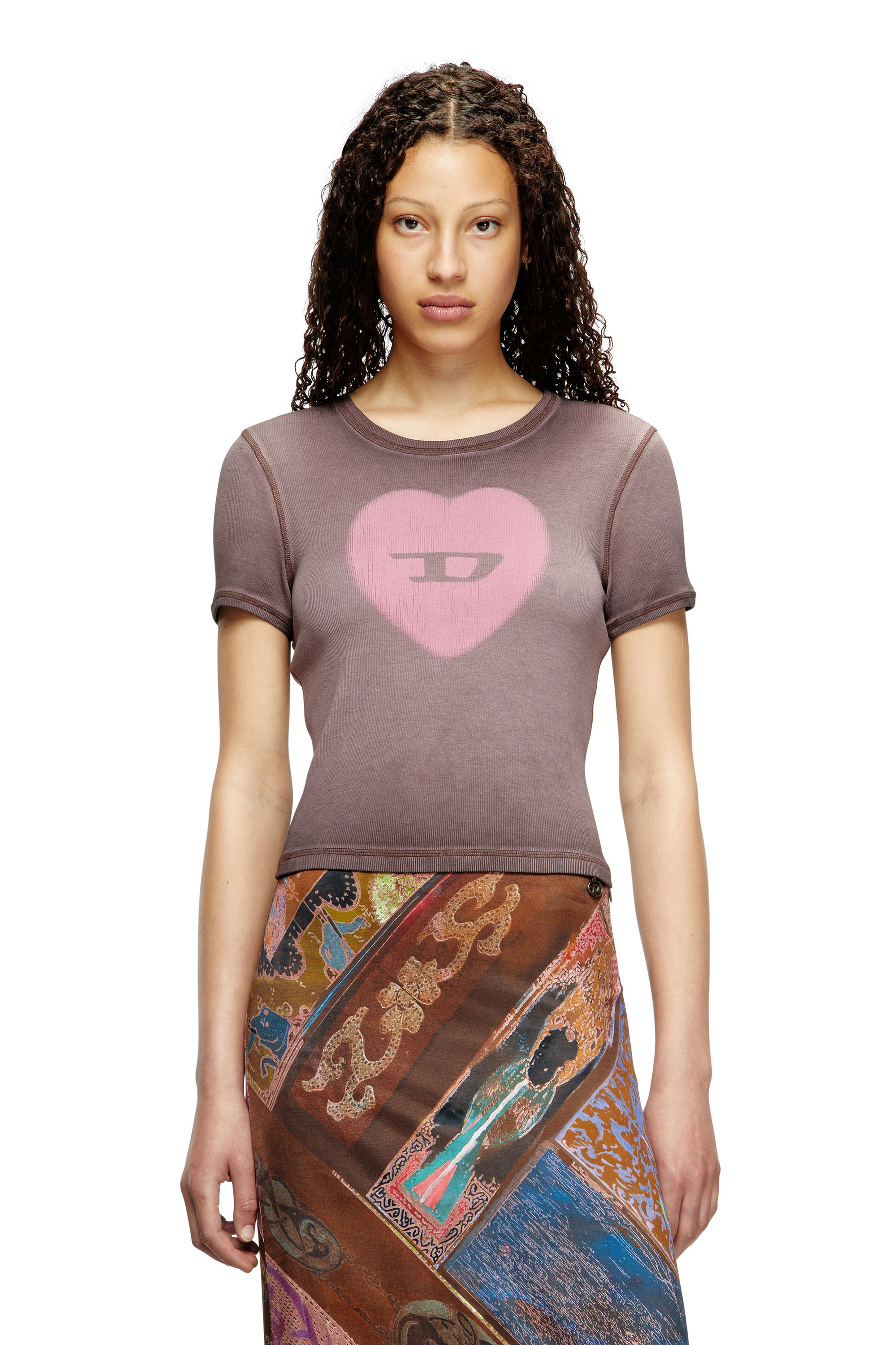 Diesel Women's Violet - Ribbed T-Shirt With Watercolour Heart D - T-Shirts - Woman Xxs