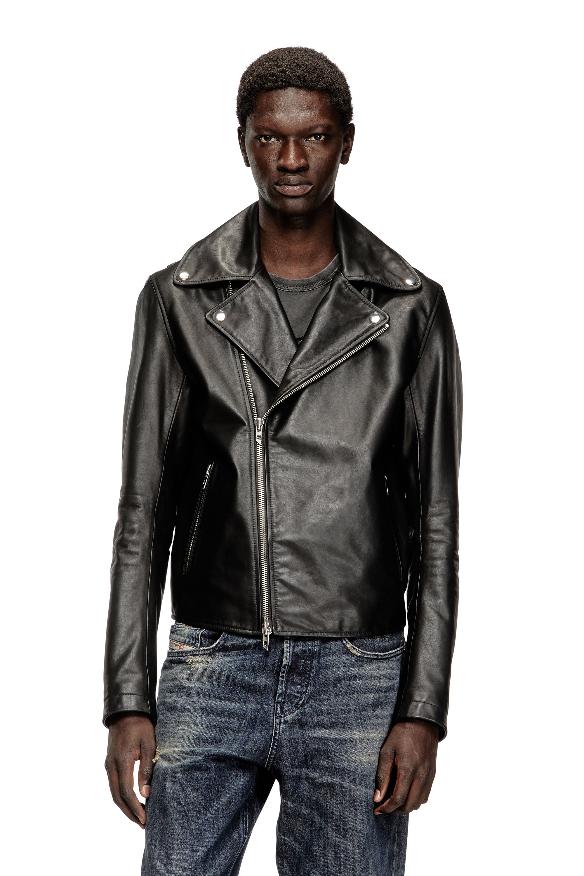 Diesel Men's Black - Biker Jacket In Waxed Leather - Leather Jackets - Man Size 48