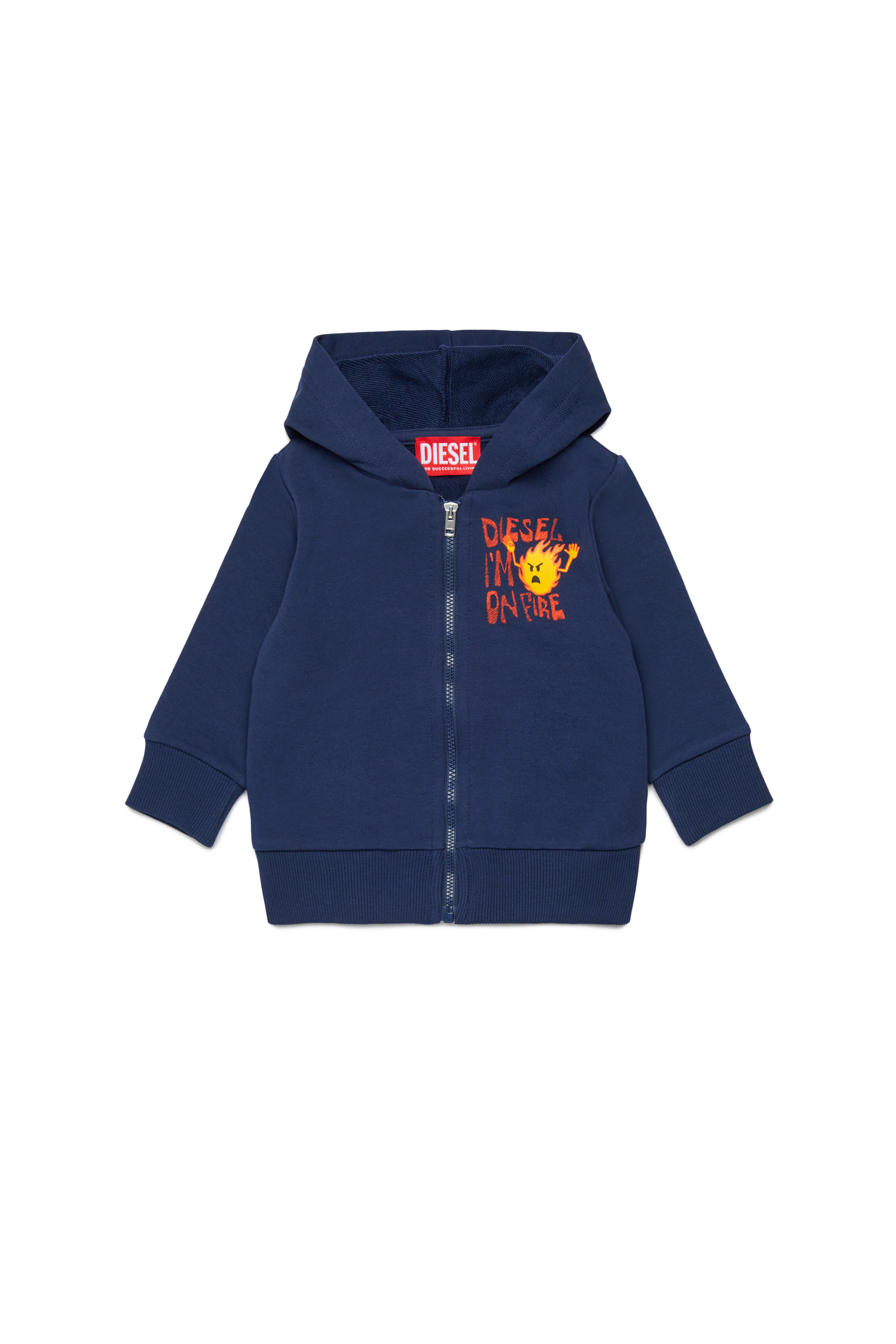 Diesel Boys Blue - Zipped Hoodie In Cotton With Fire Print - Sweaters - Man Size 18-24 Kids