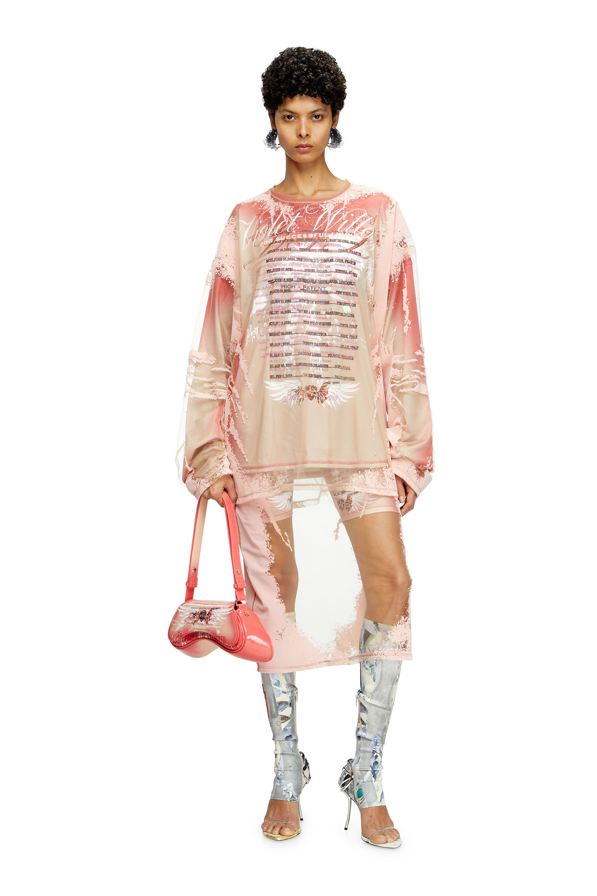 Diesel - T-OLAVI-BB, Unisex's Long-sleeve tech-jersey T-shirt with lyrics print in Pink - 4