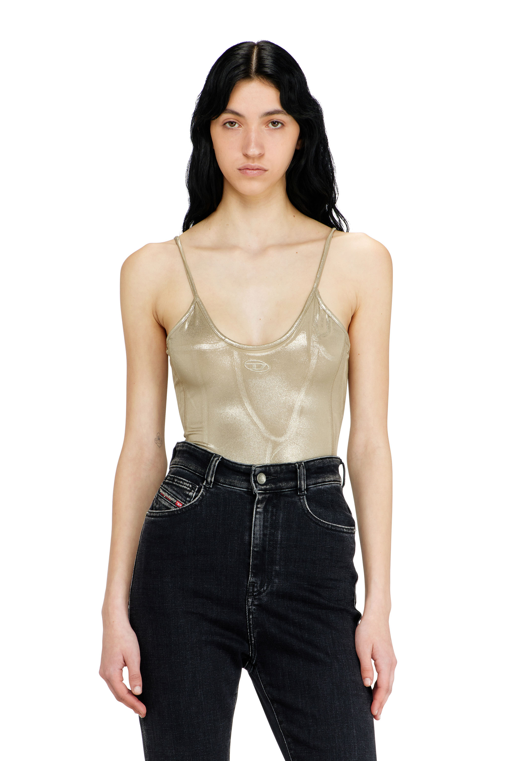 Diesel - T-IMYNY, Woman's Shiny jersey bodysuit with round neck in Beige - 3