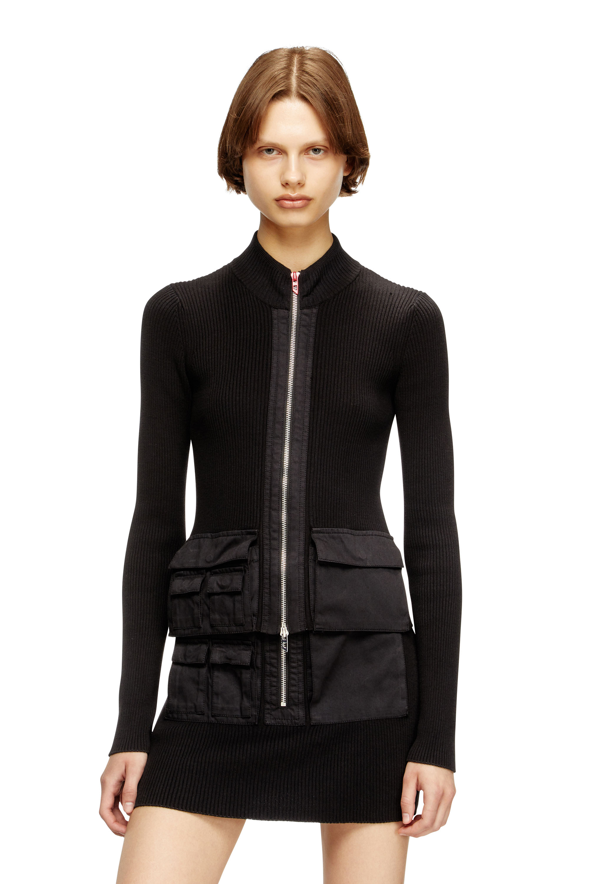 Diesel Ženský Čierna - Ribbed Cardigan With Cargo Pockets - Knitwear - Woman Malý