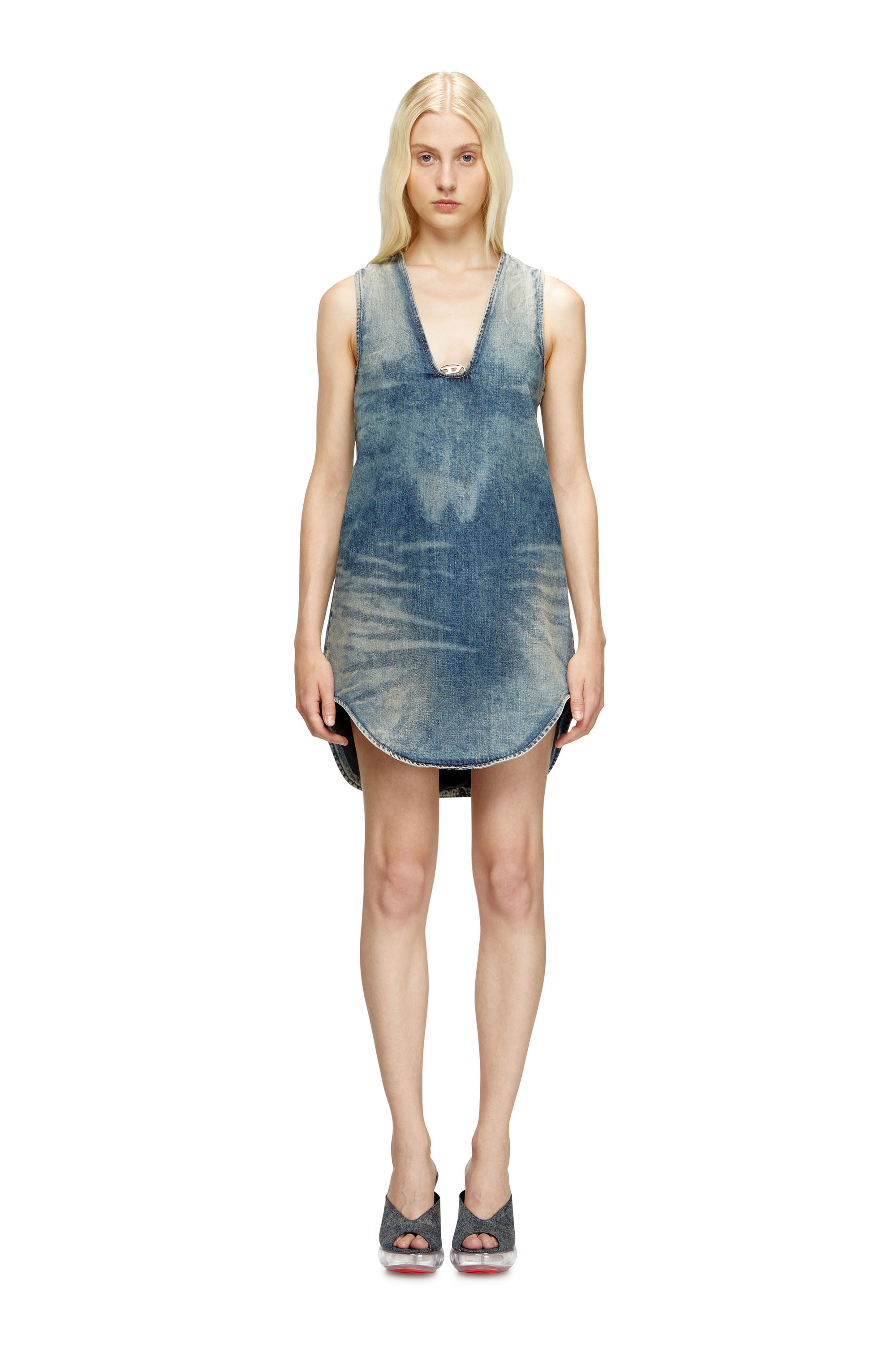 Diesel - DE-LARIS-DRESS-S, Woman's Short dress in marbled denim in Medium blue - 2