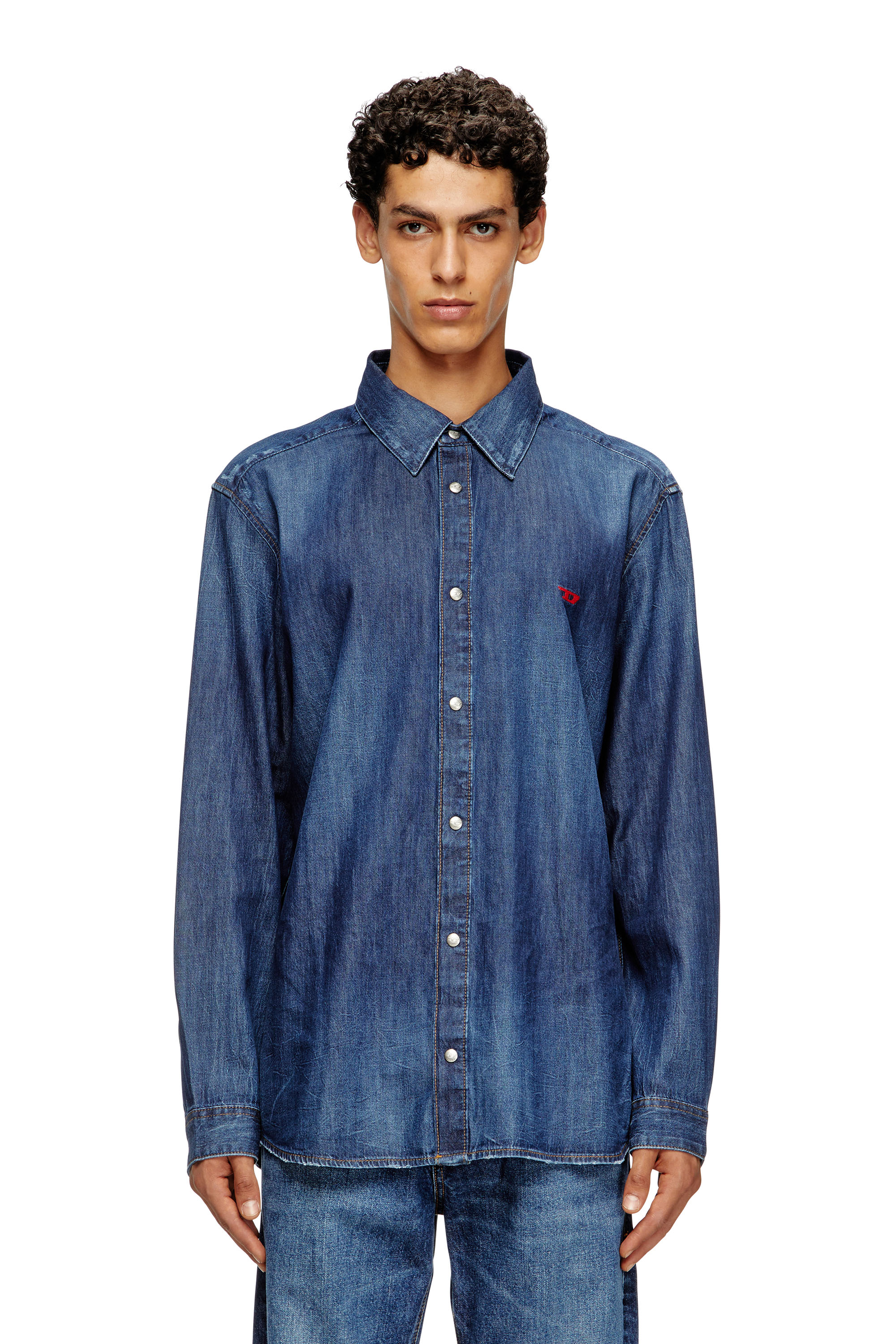 Diesel Denim Shirt With Embroidered Logo In Blue