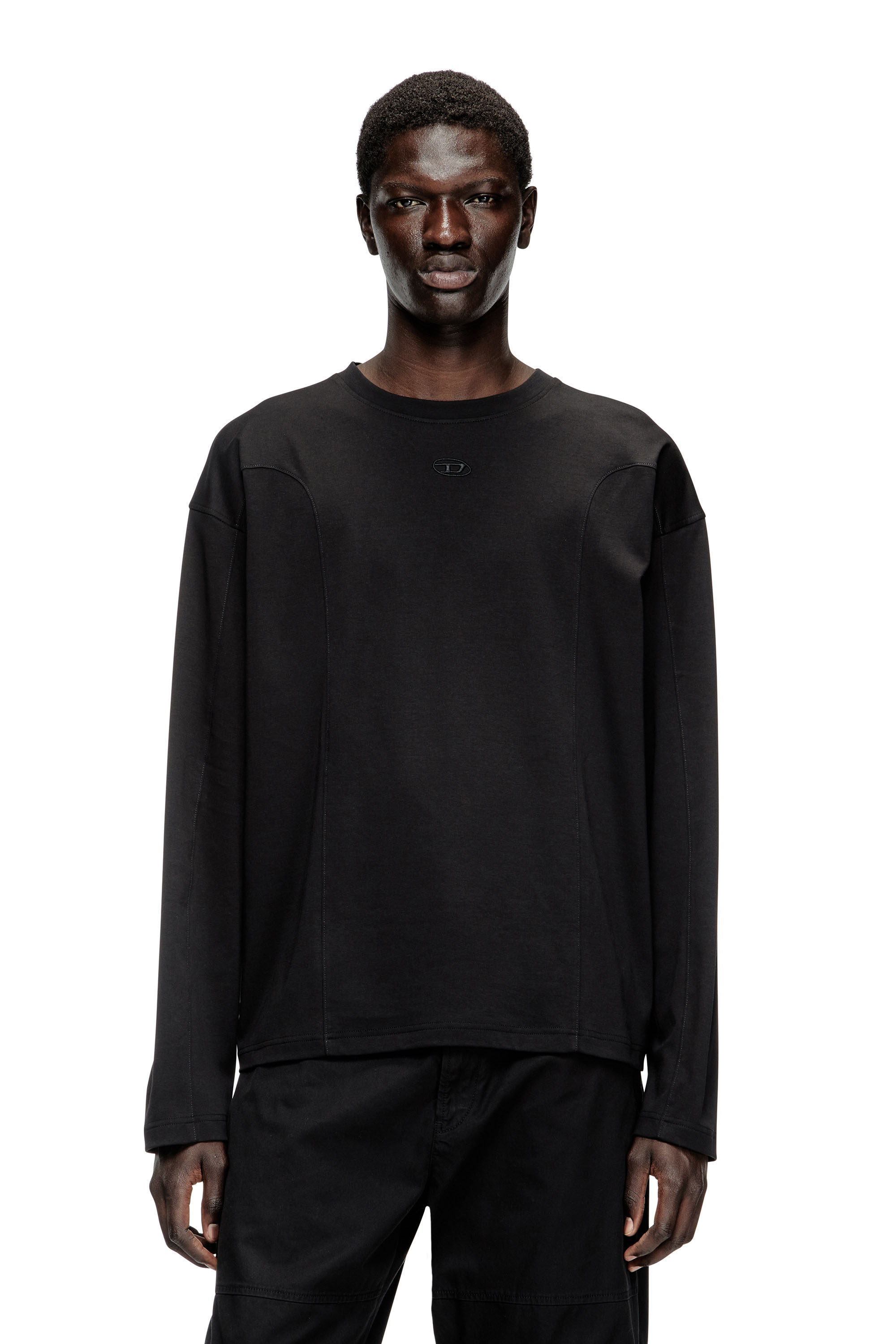 Diesel Herr Svart - Long-Sleeve T-Shirt With Solid Color Panels - T-Shirts - Man Xxl