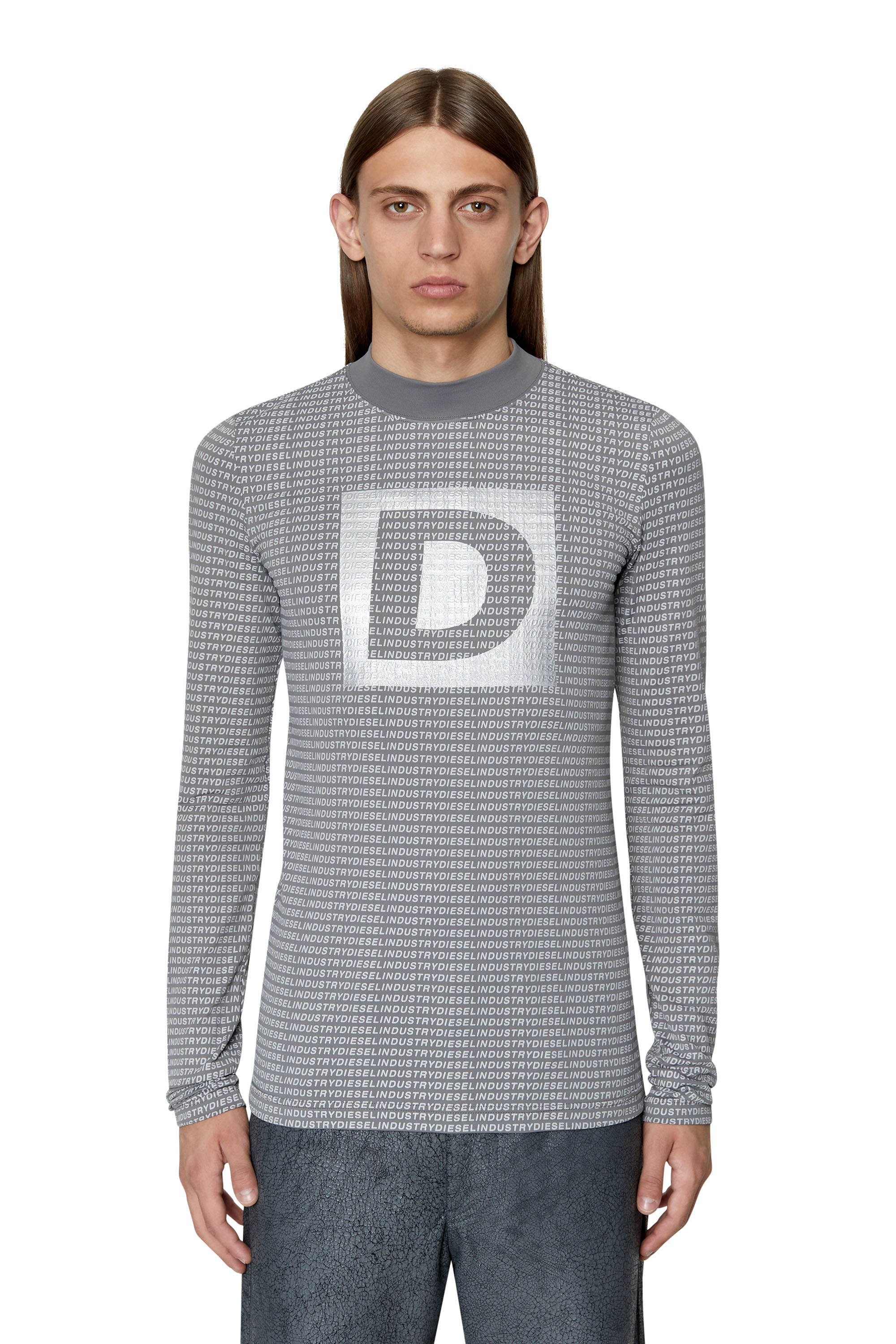 Diesel - Top a maniche lunghe con logo e stampa argento - T-Shirts - Uomo - Grigio
