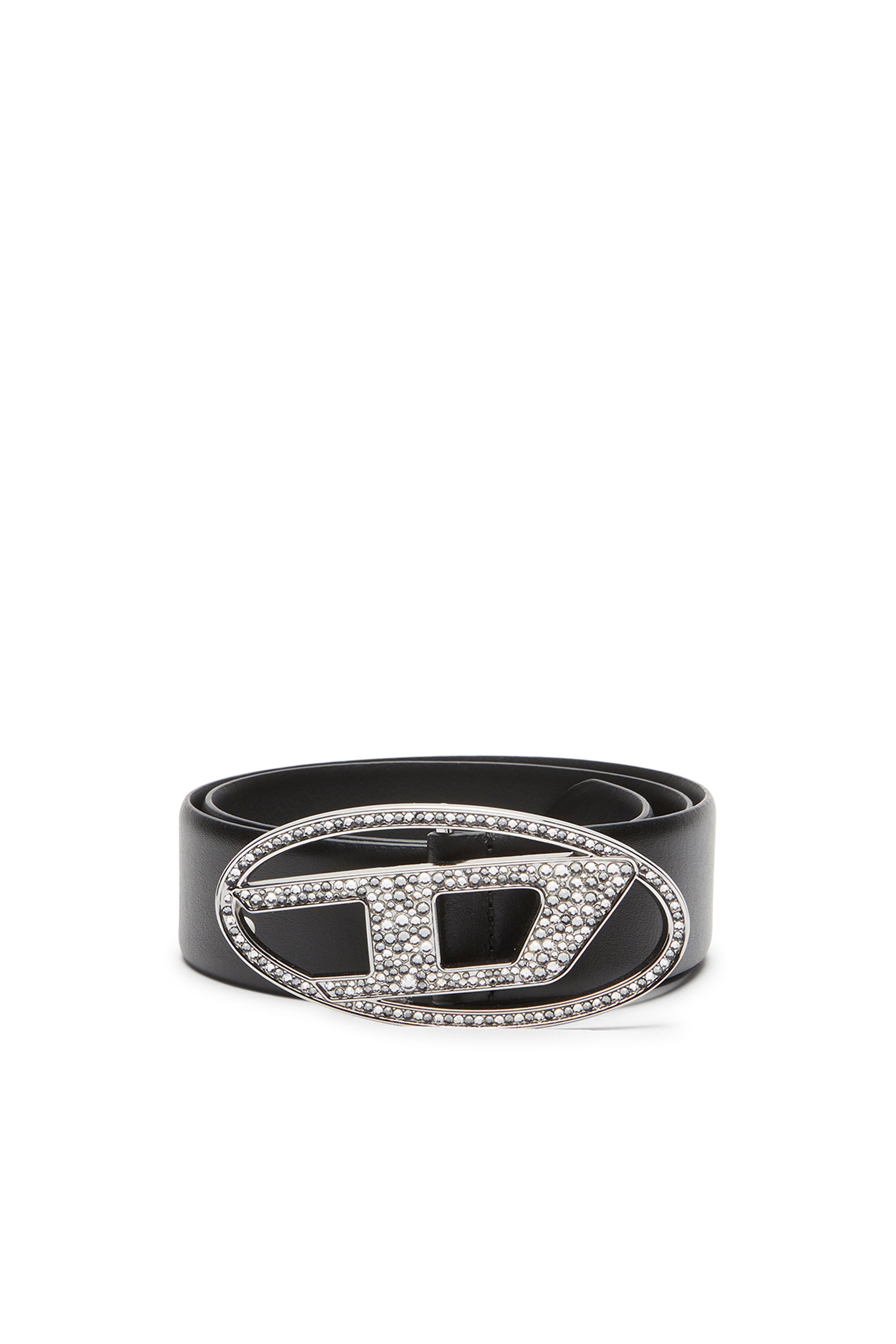 Diesel - 4cm Leather belt with crystal buckle - Belts - Woman - Black