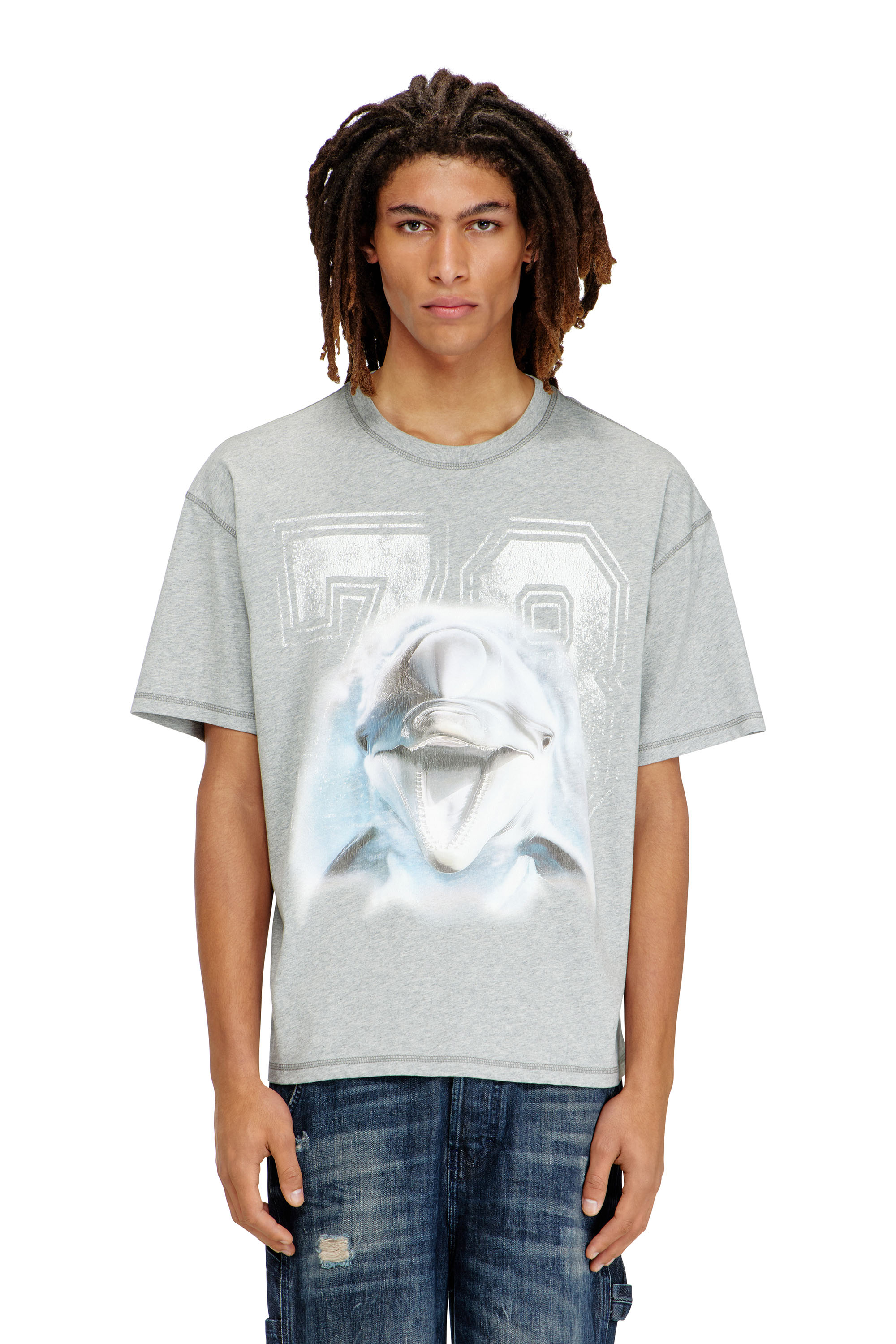 Diesel Men's Grey - Relaxed T-Shirt With Dolphin Graphic - T-Shirts - Man Large