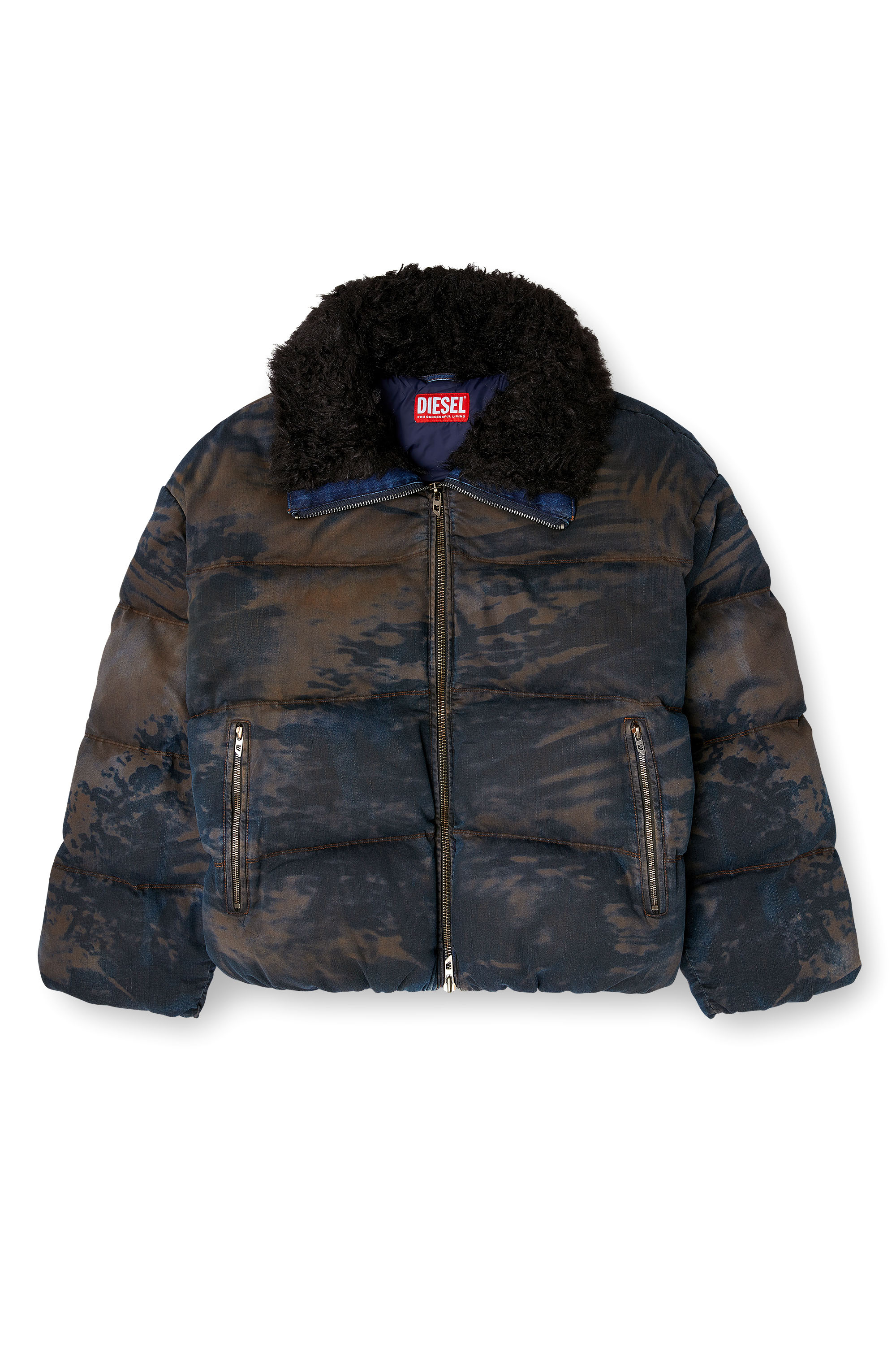 Diesel - W-JOHNS, Man's Puffer jacket in dirt-effect camo denim in Black/Brown - 3